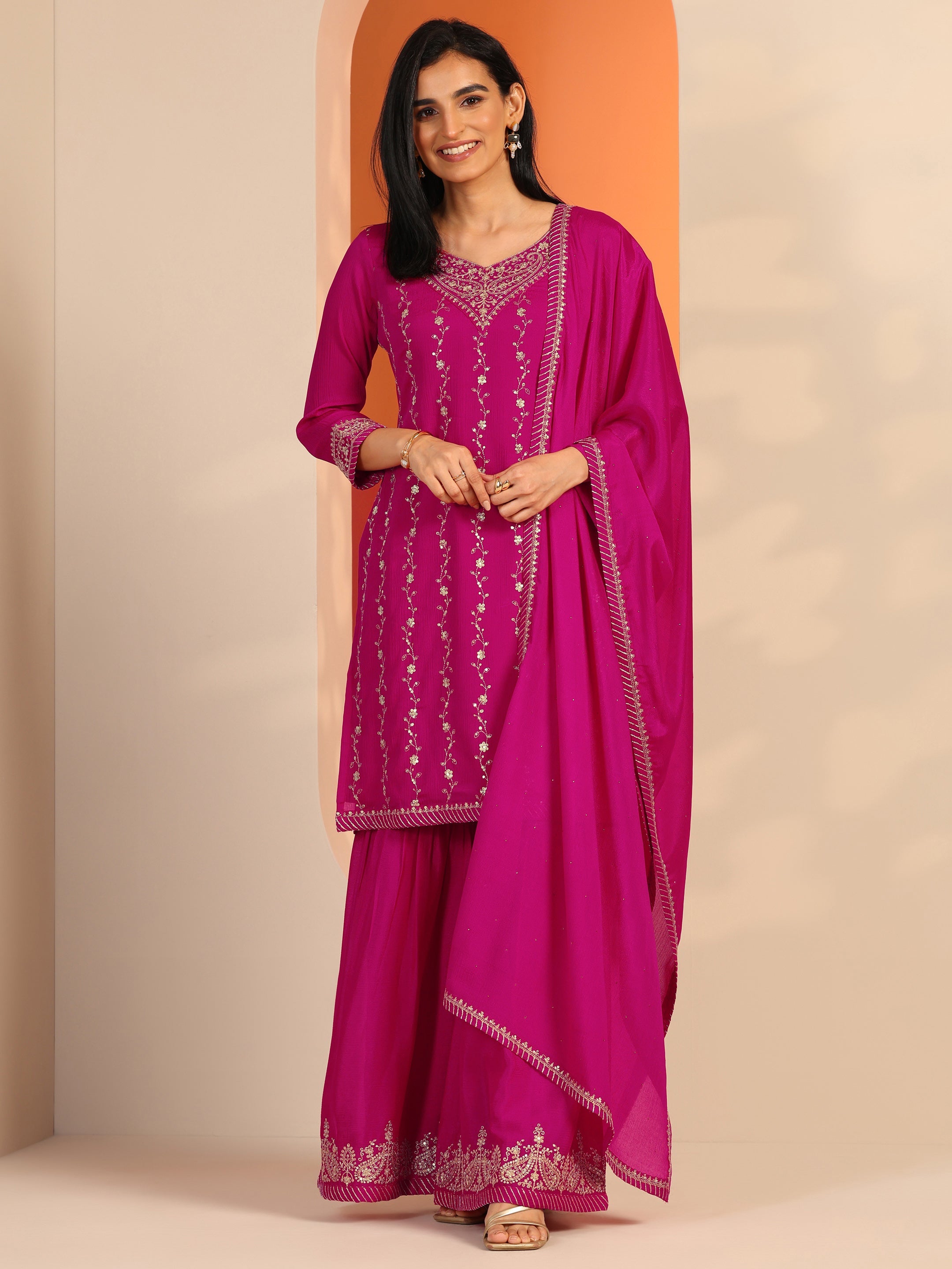 Pink Embroidered Chinon Straight Suit Set With Dupatta