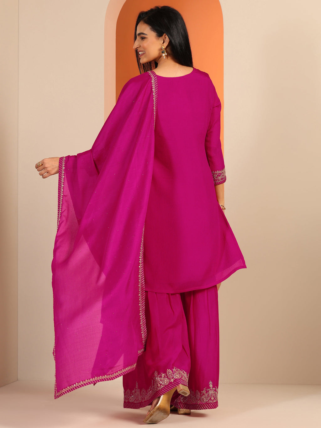 Pink Embroidered Chinon Straight Suit Set With Dupatta
