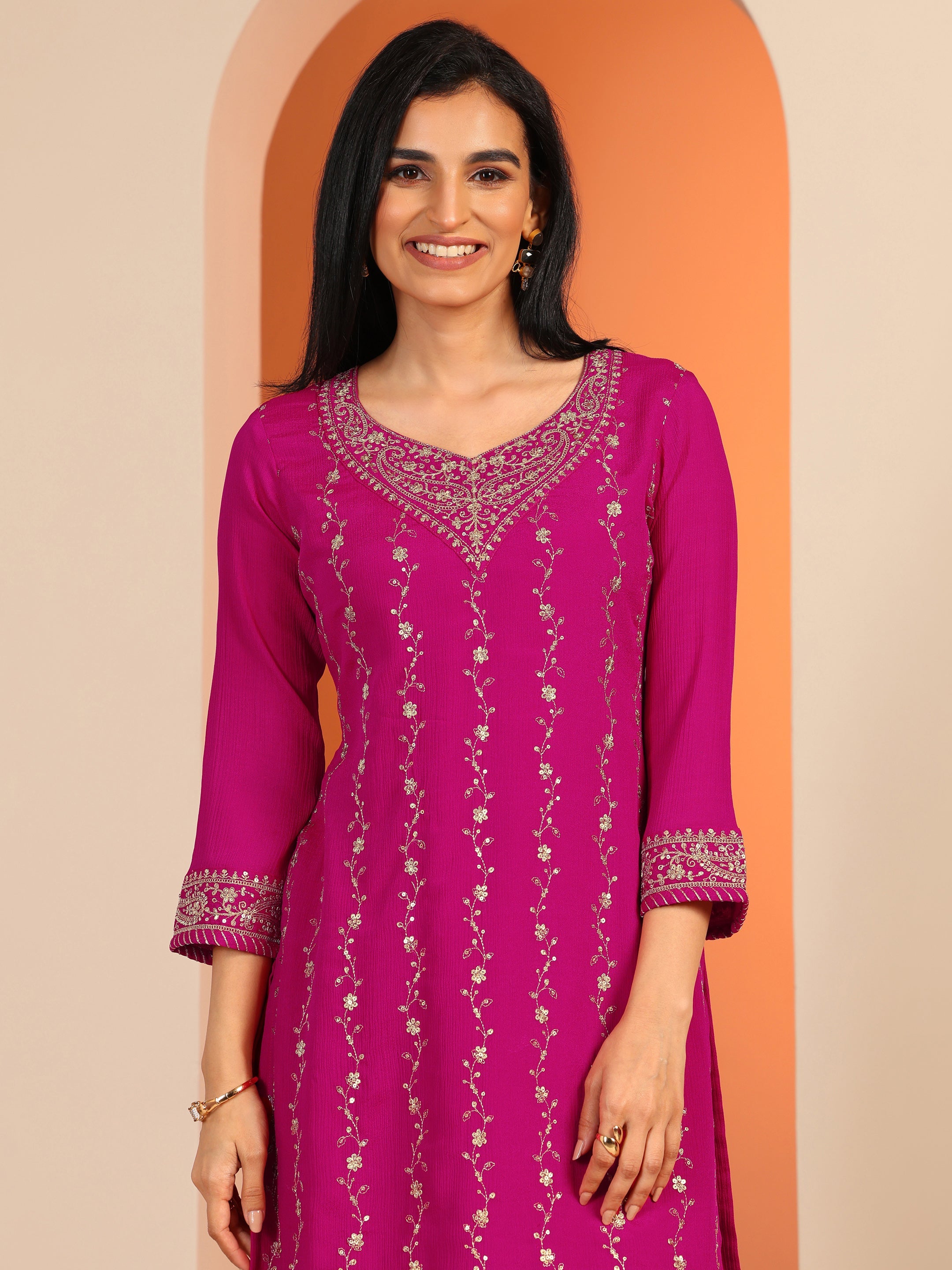 Pink Embroidered Chinon Straight Suit Set With Dupatta