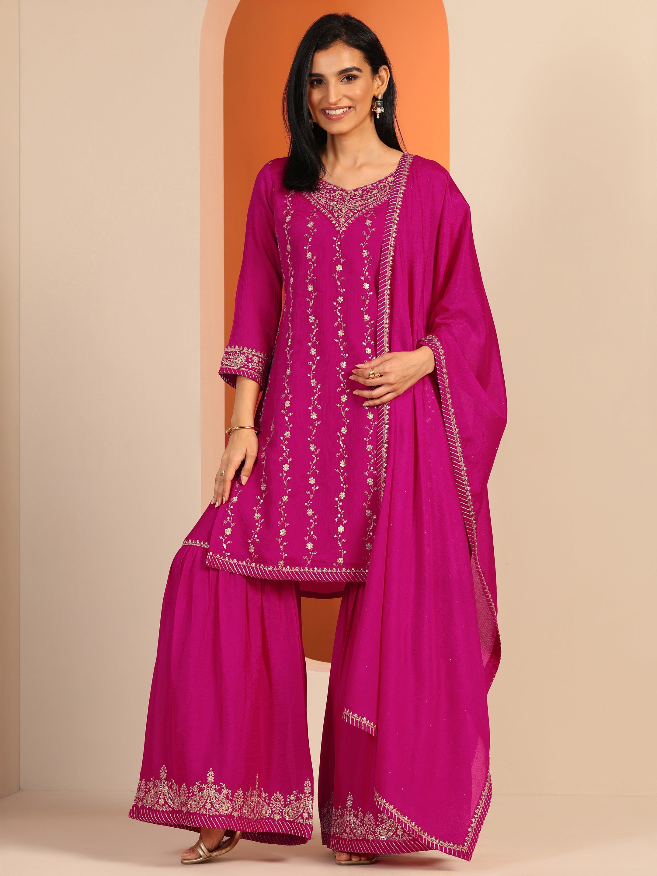 Pink Embroidered Chinon Straight Suit Set With Dupatta