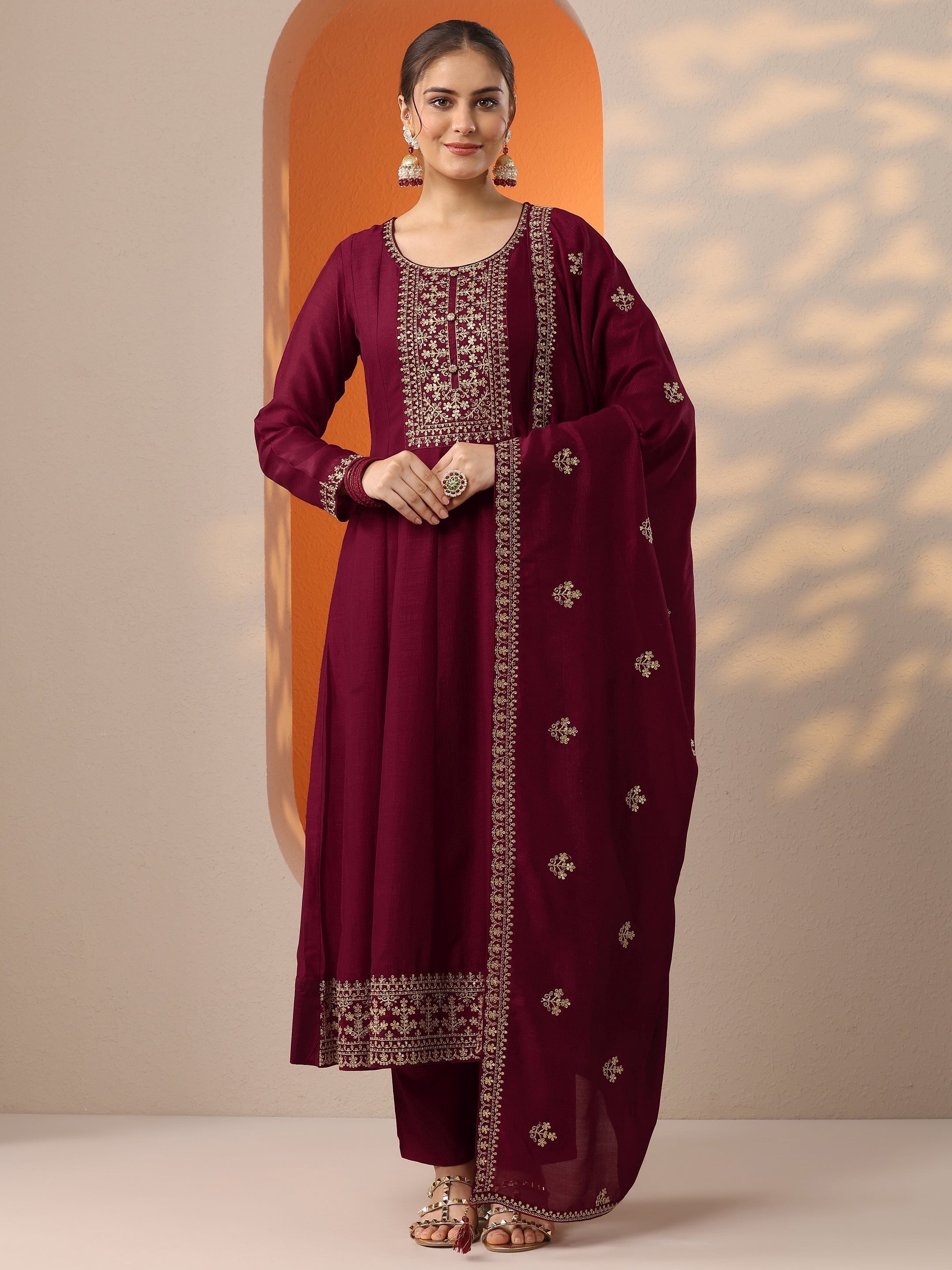 Maroon Embroidered Silk Blend Anarkali Suit Set With Dupatta