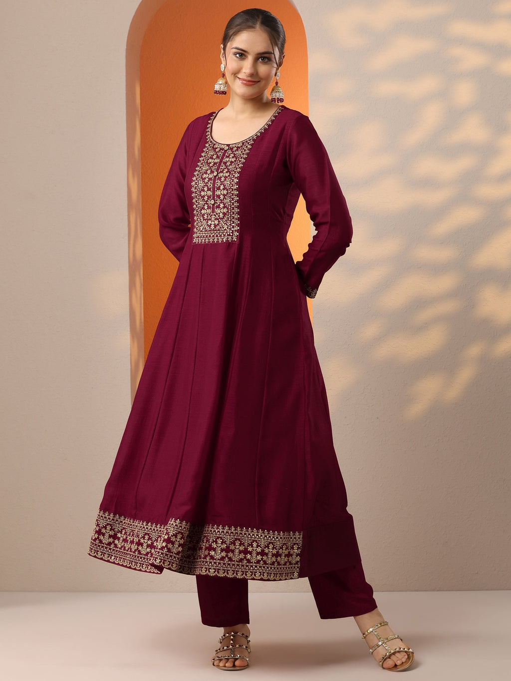 Maroon Embroidered Silk Blend Anarkali Suit Set With Dupatta