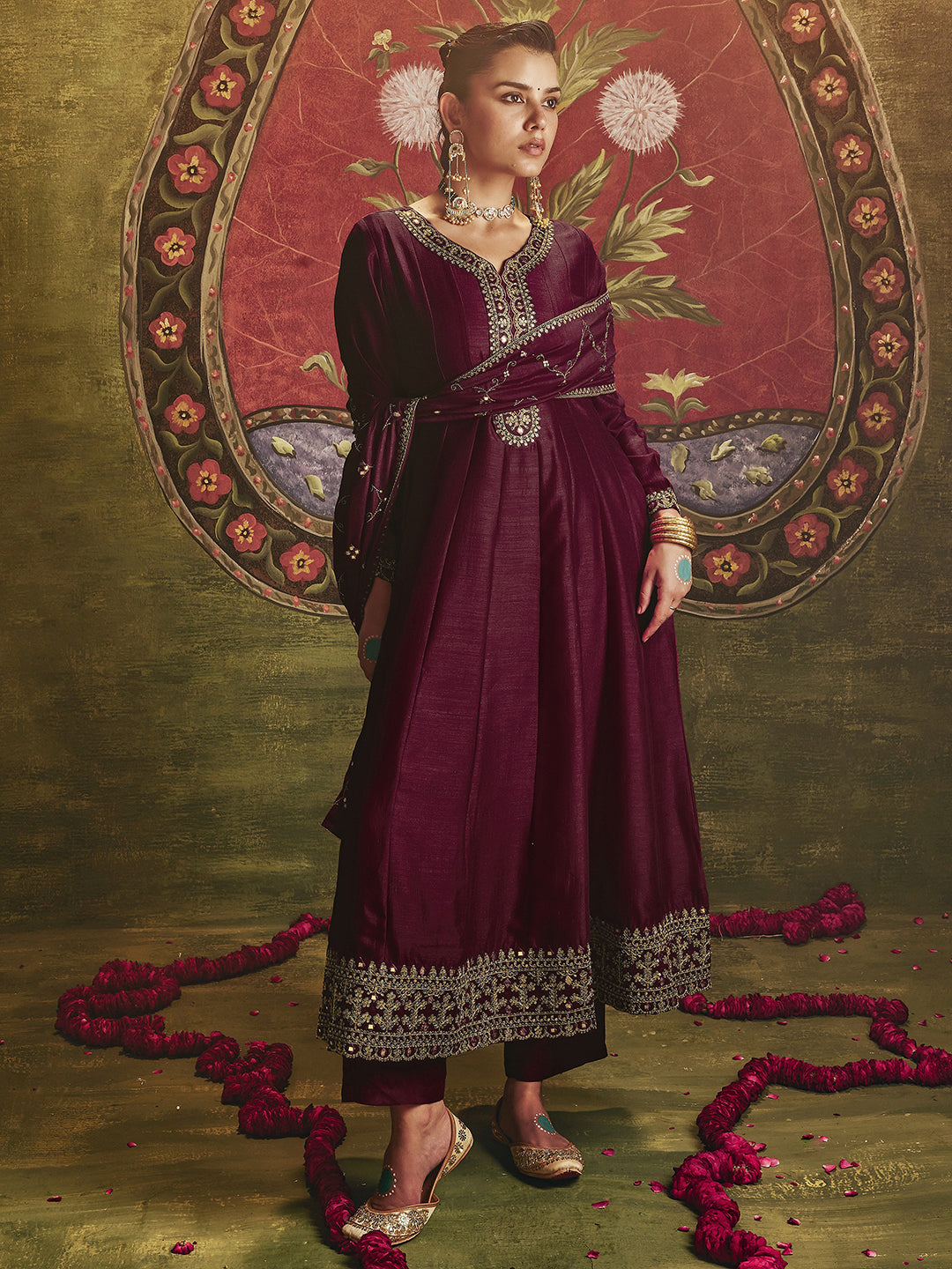 Divyani Maroon Embroidered Silk Blend Anarkali Suit Set With Dupatta