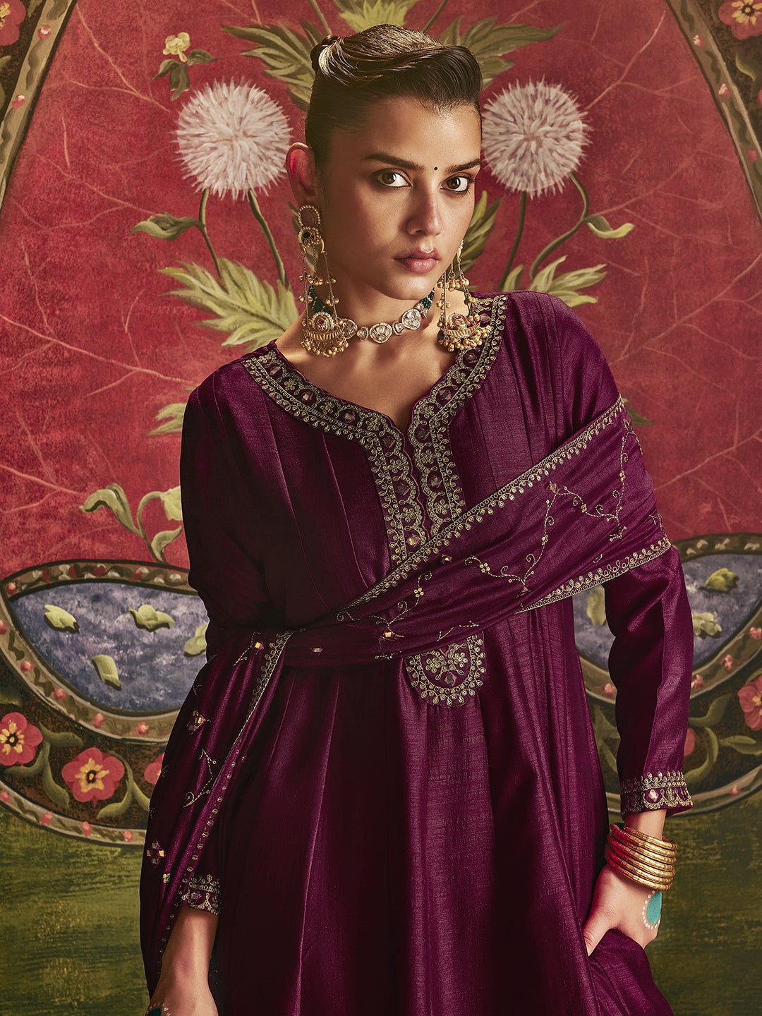 Divyani Maroon Embroidered Silk Blend Anarkali Suit Set With Dupatta