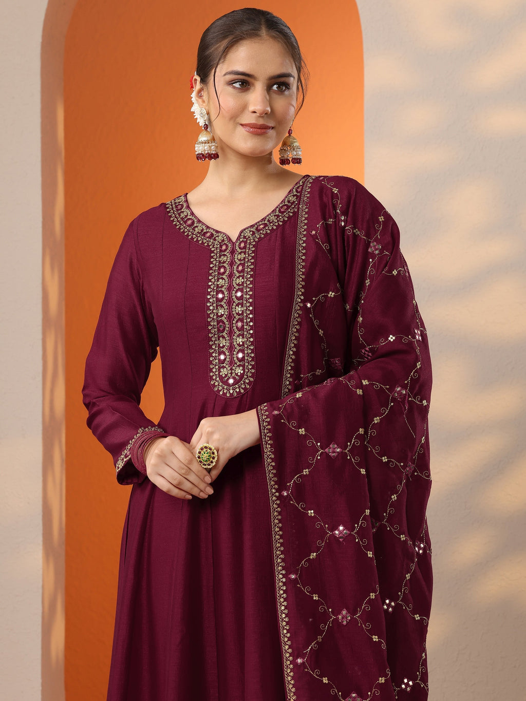 Divyani Maroon Embroidered Silk Blend Anarkali Suit Set With Dupatta