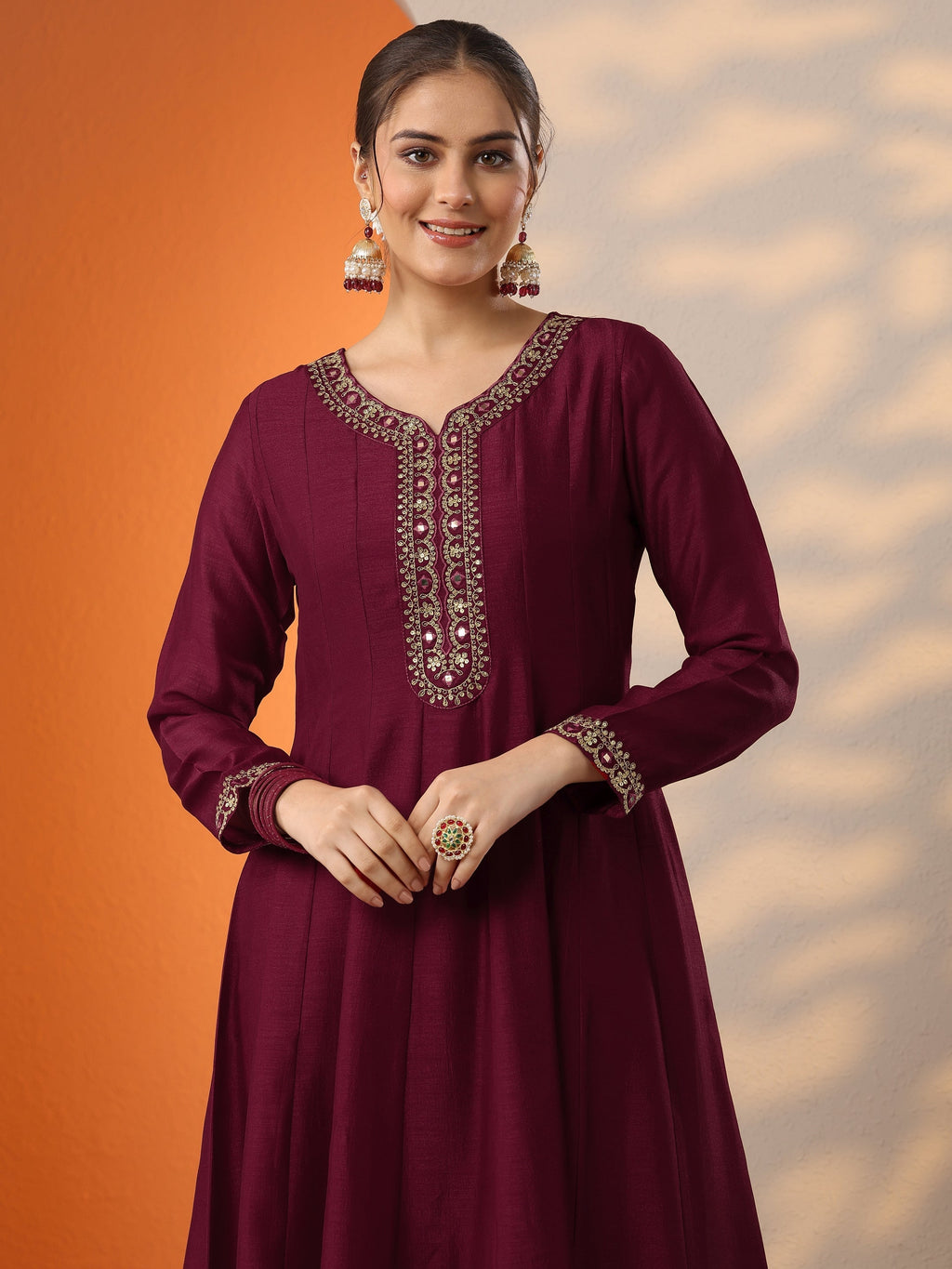 Divyani Maroon Embroidered Silk Blend Anarkali Suit Set With Dupatta