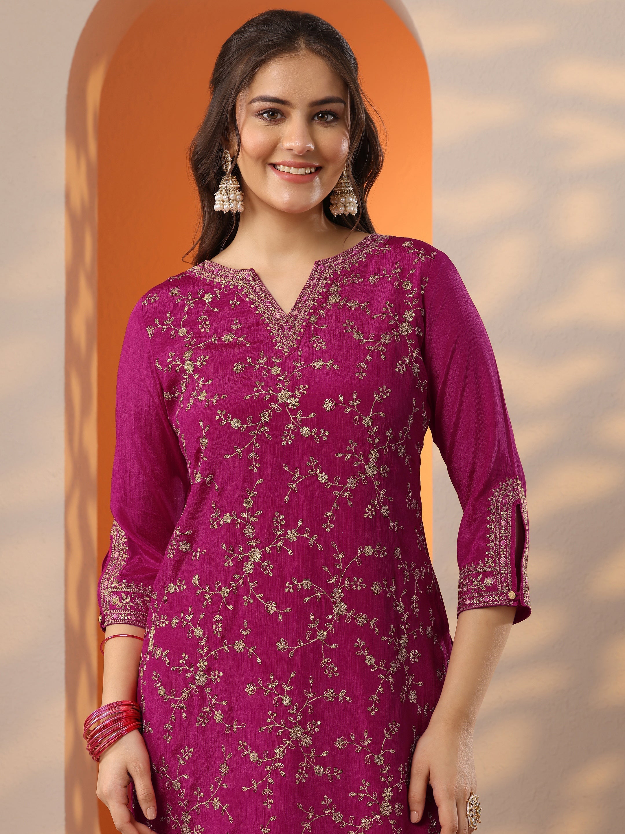 Pink Embroidered Chinon Straight Suit Set With Dupatta