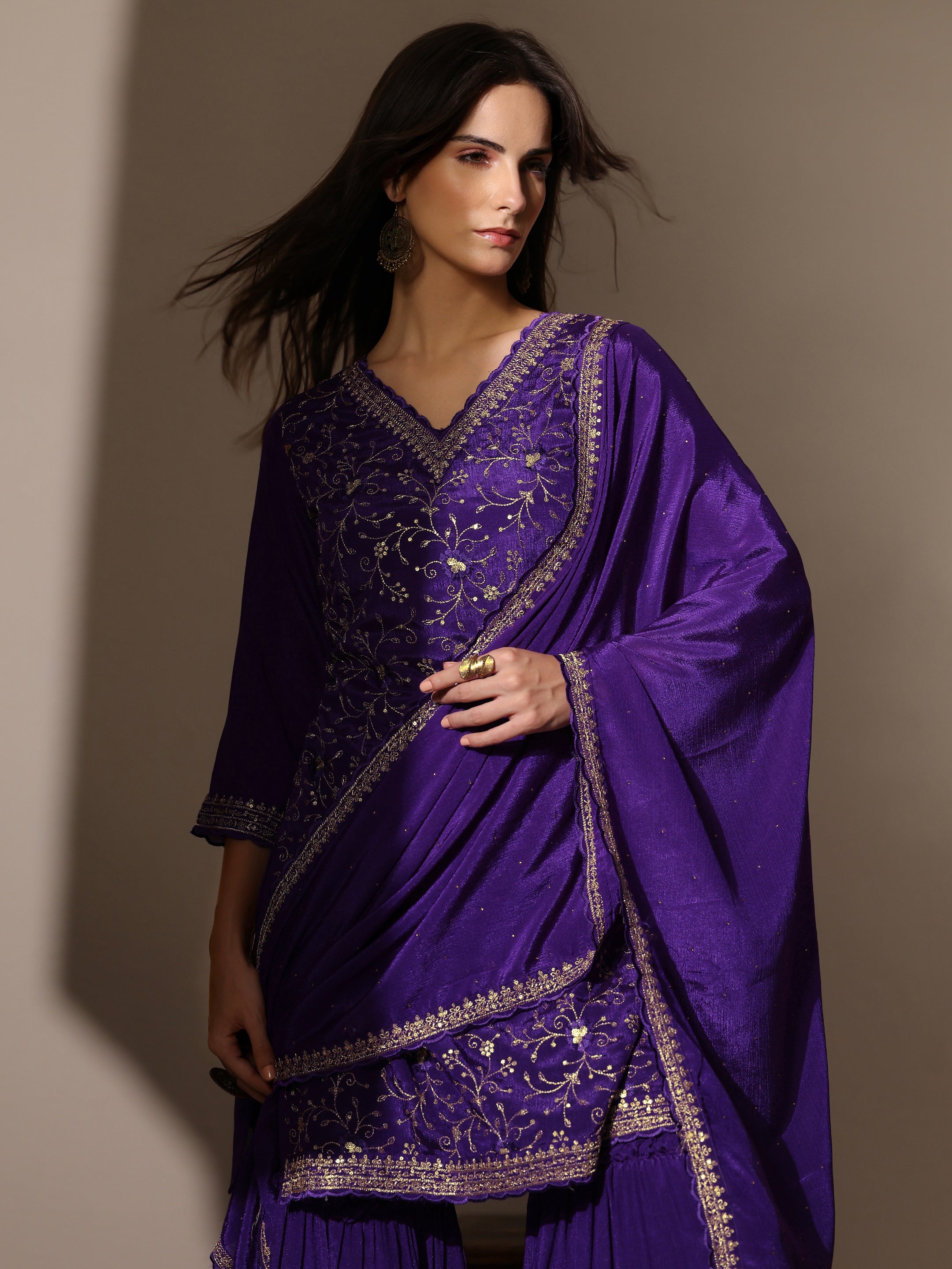 Kamini Purple Embroidered Chinon Straight Sharara Suit Set With Dupatta