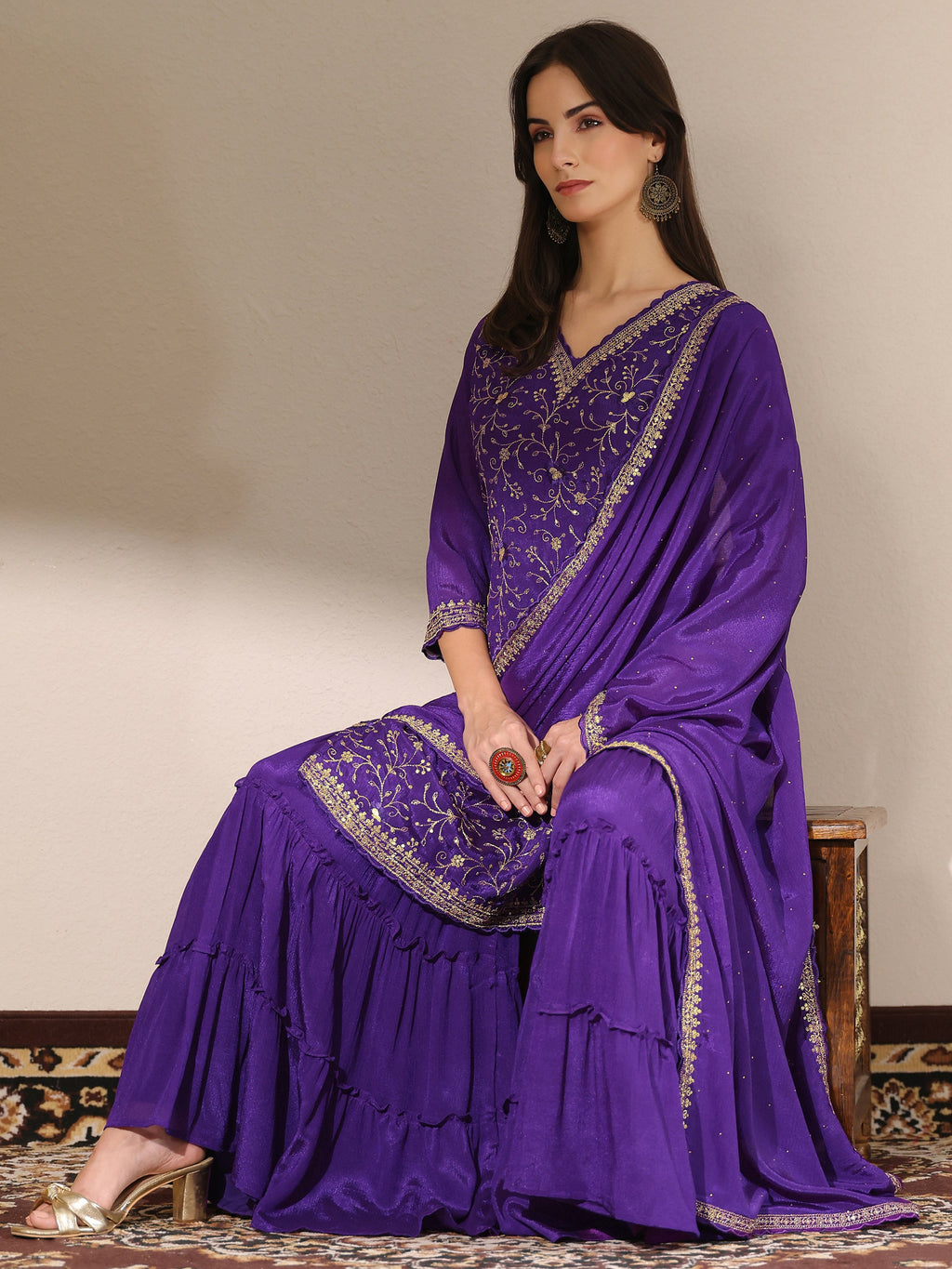 Kamini Purple Embroidered Chinon Straight Sharara Suit Set With Dupatta