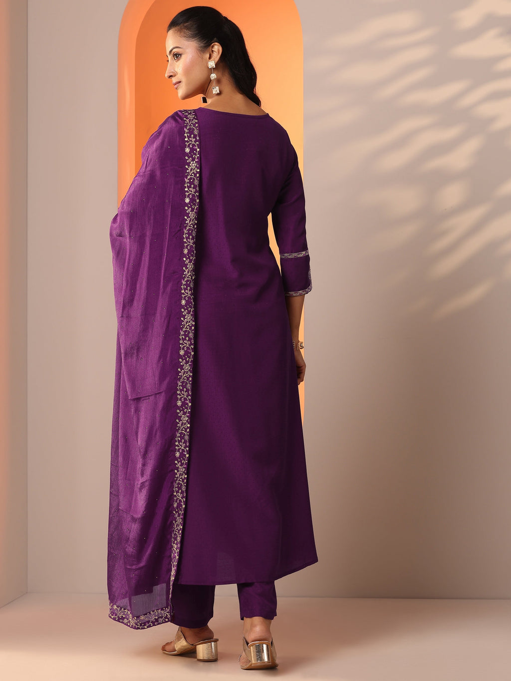 Burgundy Embroidered Silk Blend Straight Suit Set With Dupatta
