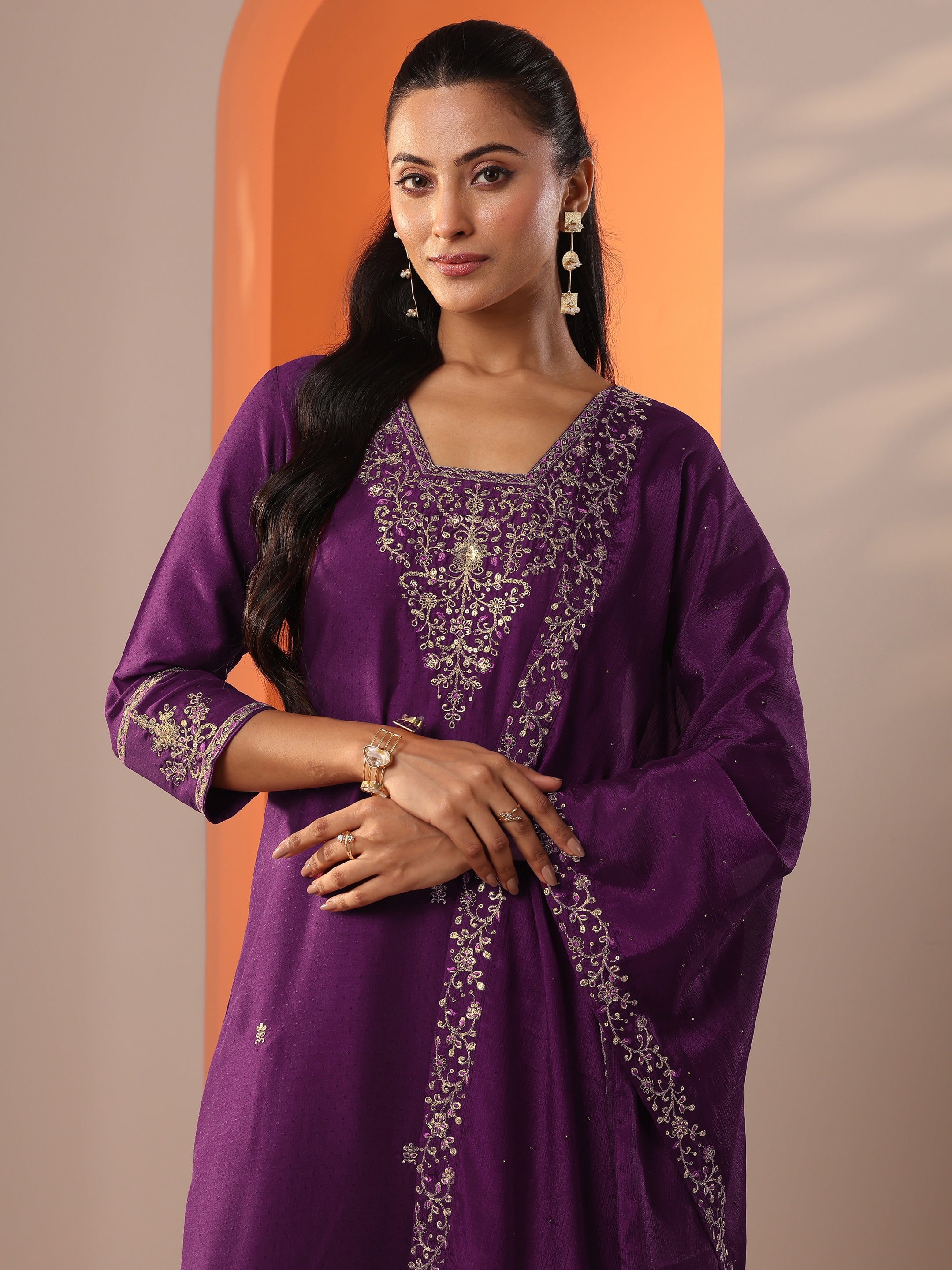 Burgundy Embroidered Silk Blend Straight Suit Set With Dupatta