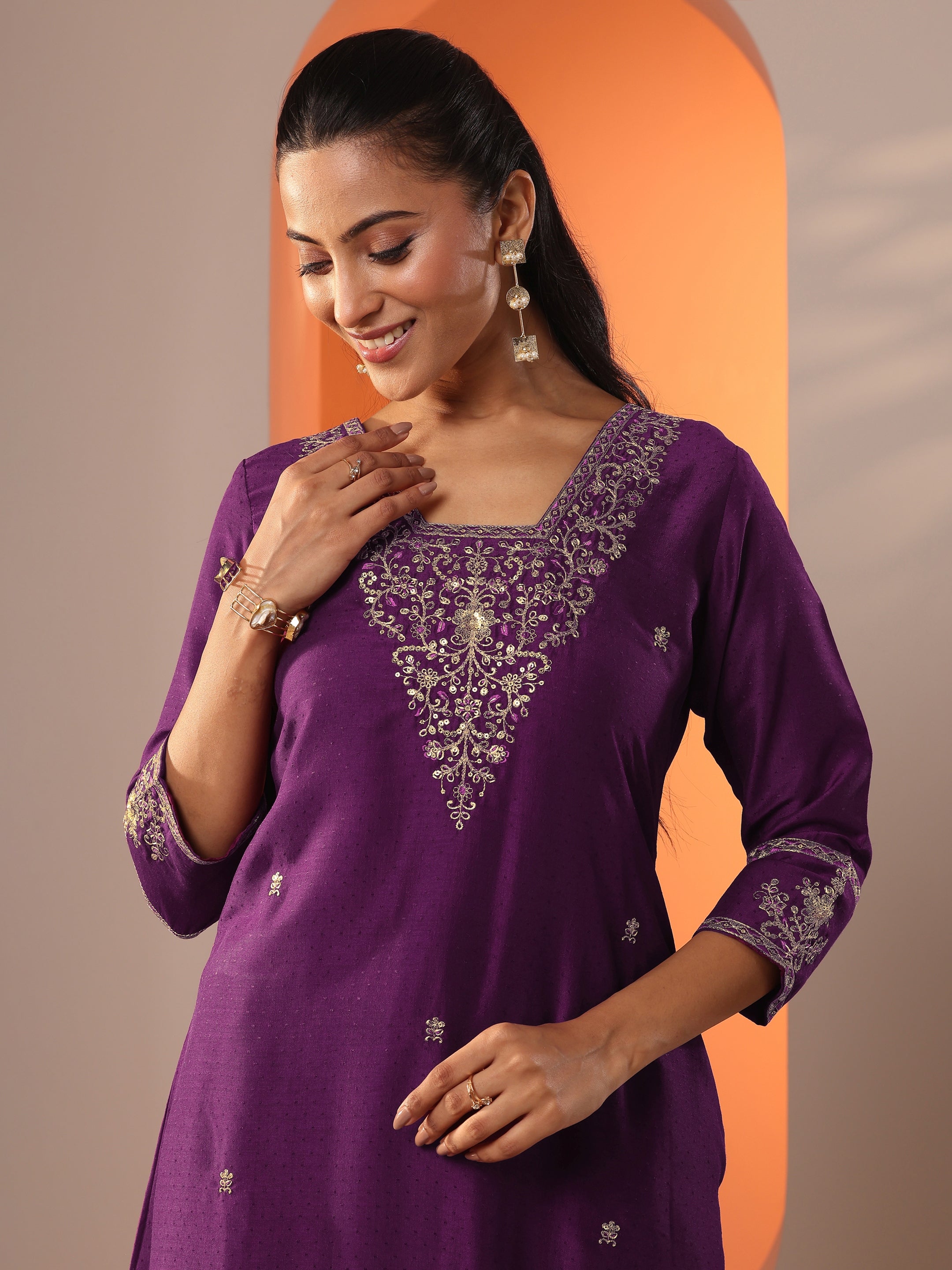 Burgundy Embroidered Silk Blend Straight Suit Set With Dupatta