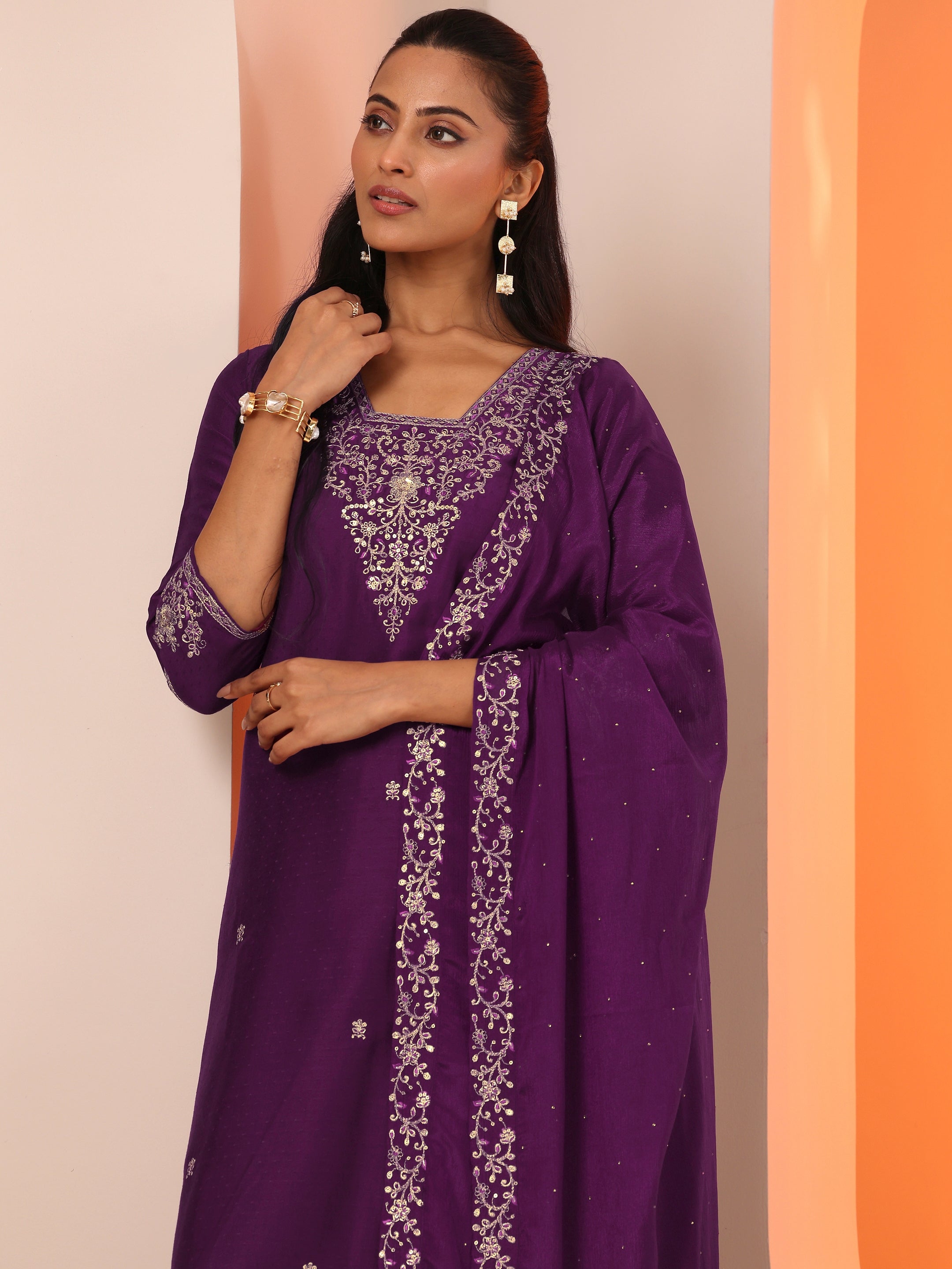 Burgundy Embroidered Silk Blend Straight Suit Set With Dupatta