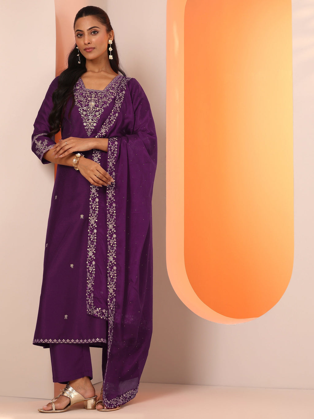 Burgundy Embroidered Silk Blend Straight Suit Set With Dupatta