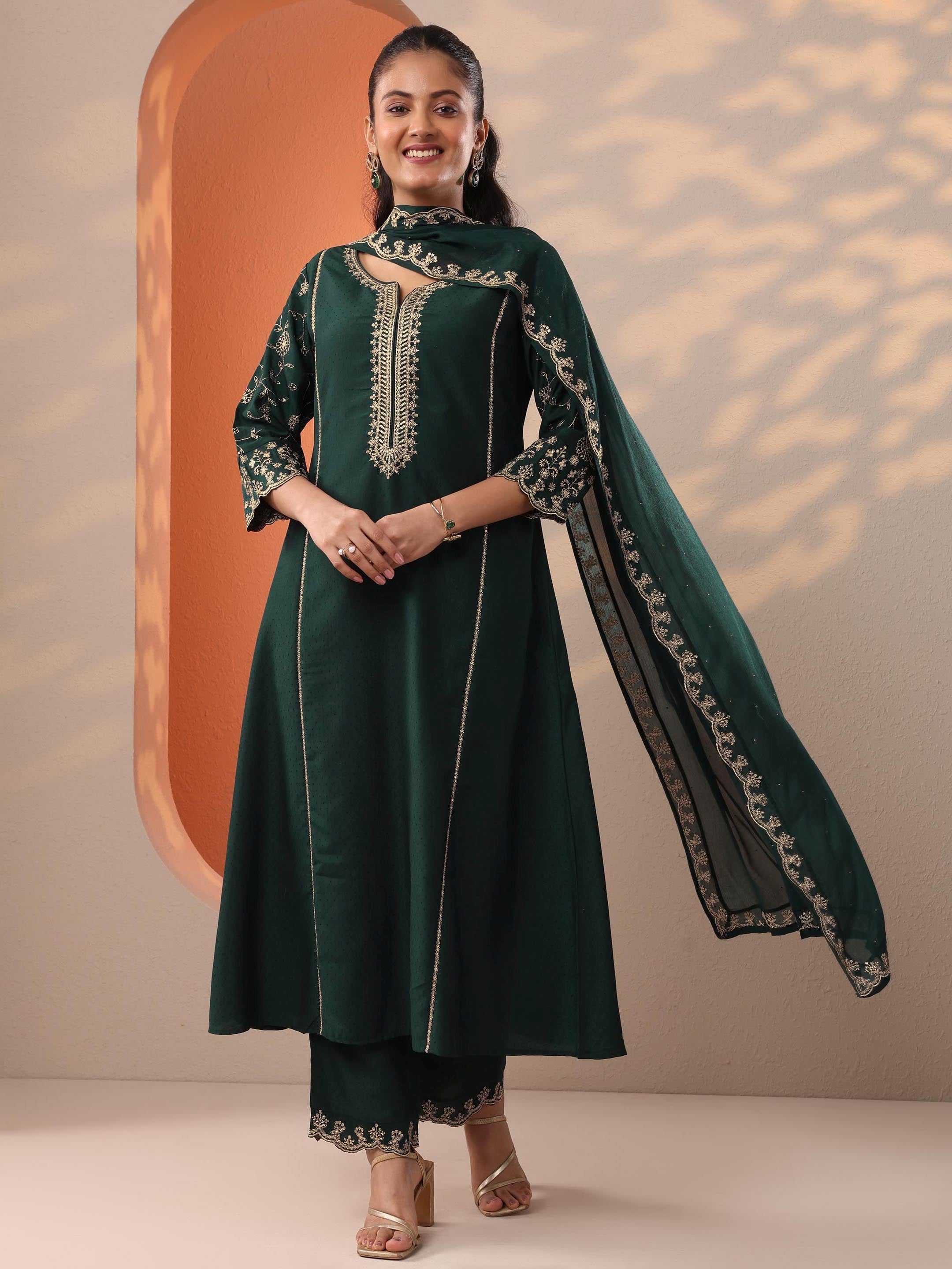 Green Embroidered Silk Blend A-Line Suit Set With Dupatta