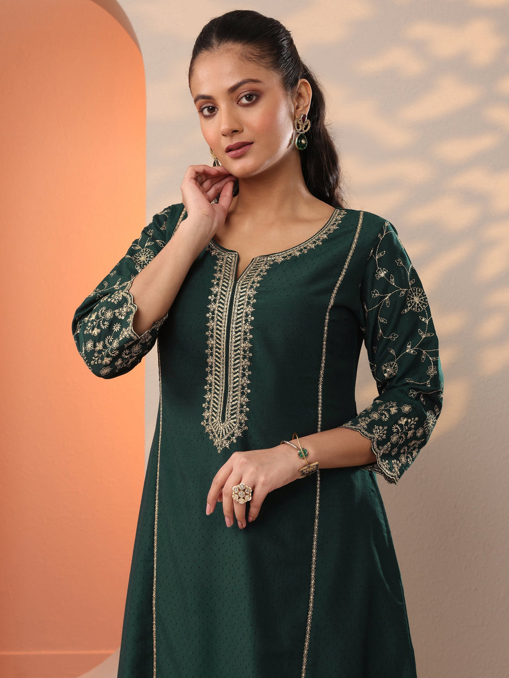 Green Embroidered Silk Blend A-Line Suit Set With Dupatta
