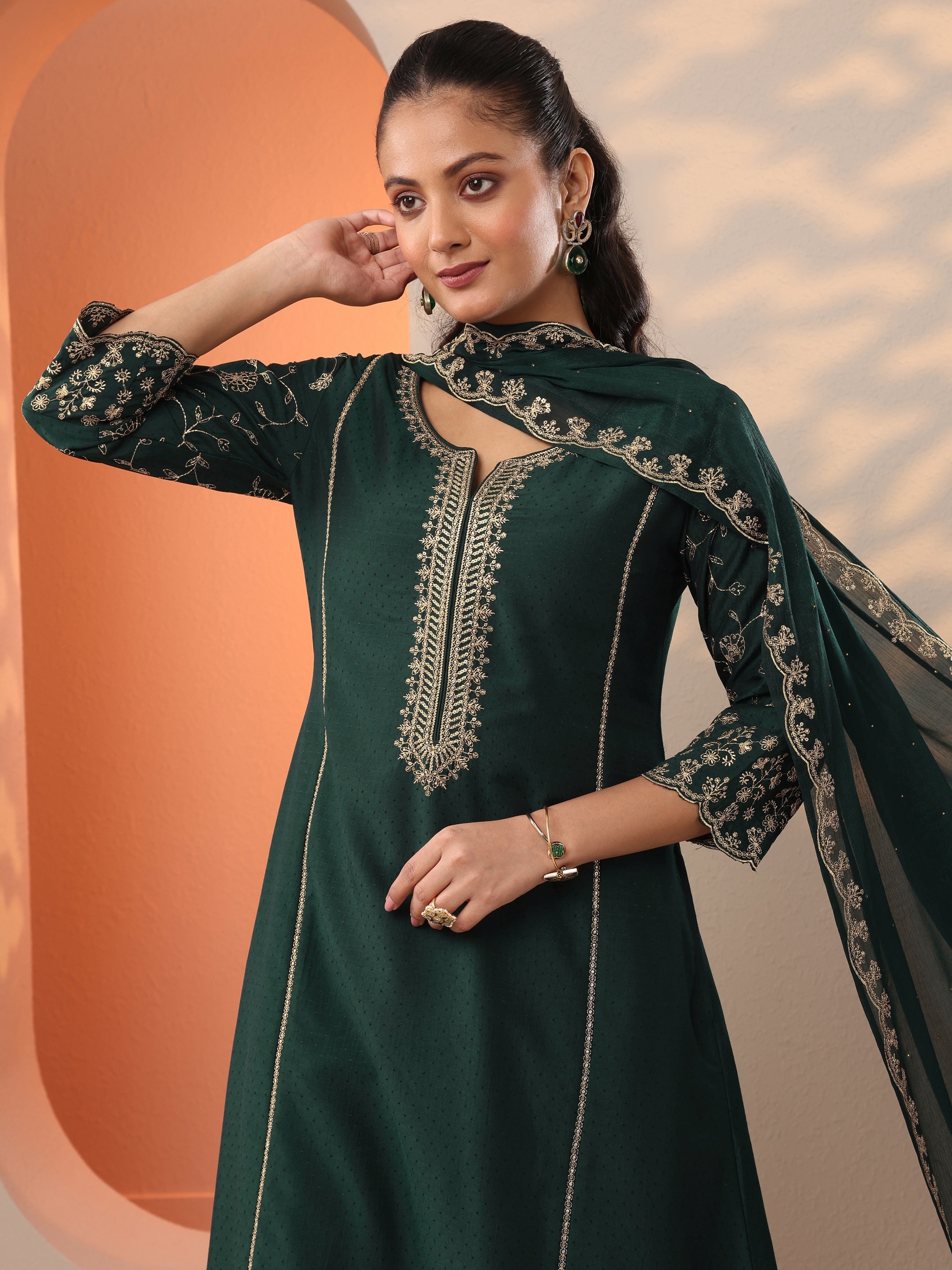Green Embroidered Silk Blend A-Line Suit Set With Dupatta