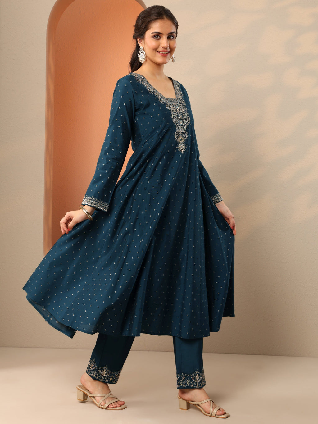 Navy Blue Embroidered Silk Blend Anarkali Suit Set With Dupatta