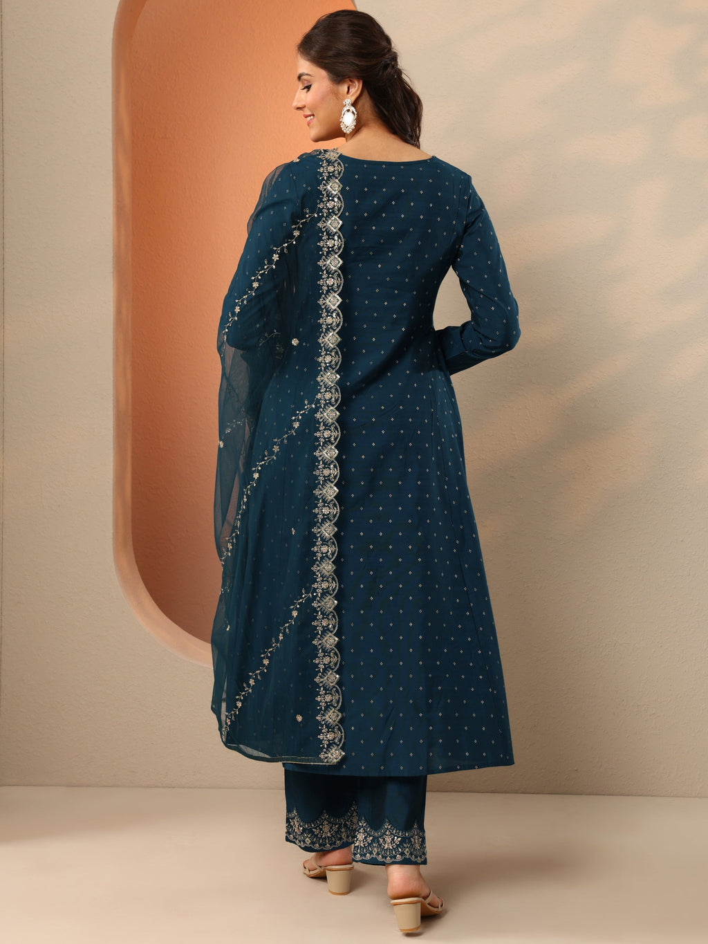 Navy Blue Embroidered Silk Blend Anarkali Suit Set With Dupatta