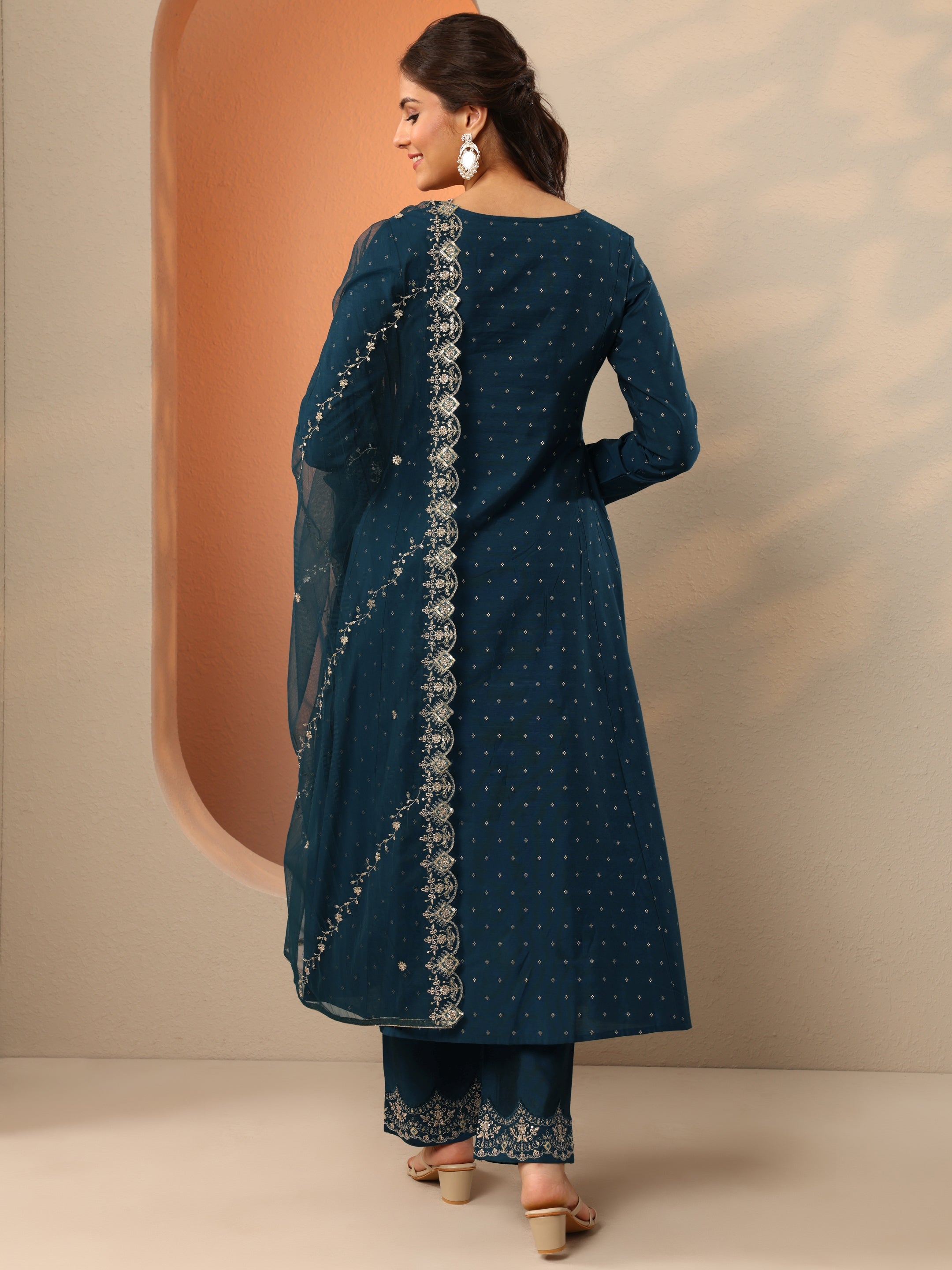 Navy Blue Embroidered Silk Blend Anarkali Suit Set With Dupatta