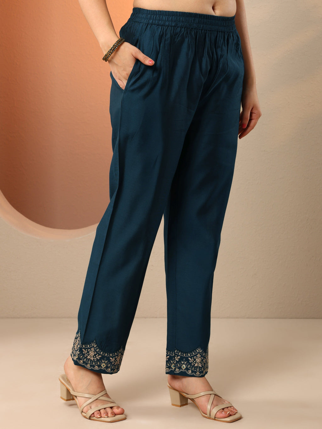 Navy Blue Embroidered Silk Blend Anarkali Suit Set With Dupatta