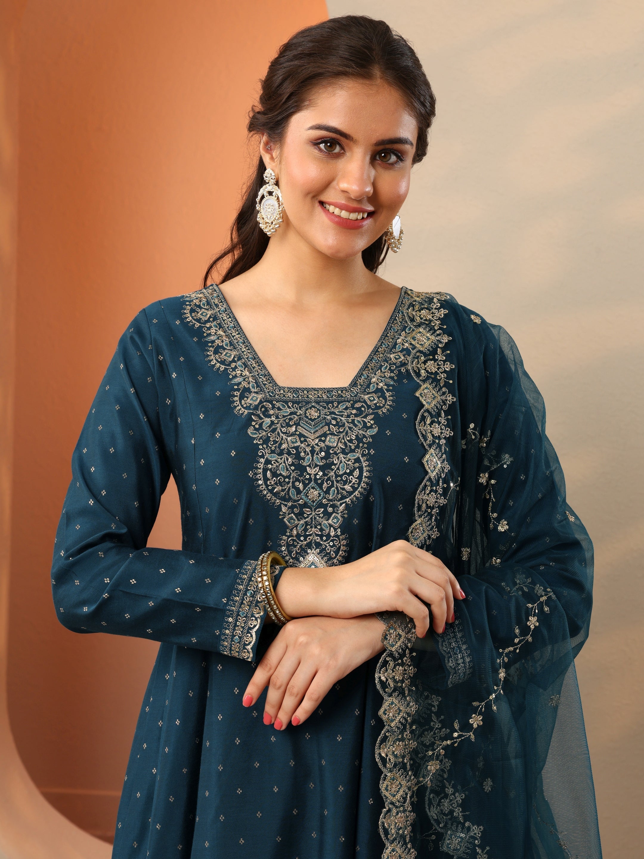 Navy Blue Embroidered Silk Blend Anarkali Suit Set With Dupatta