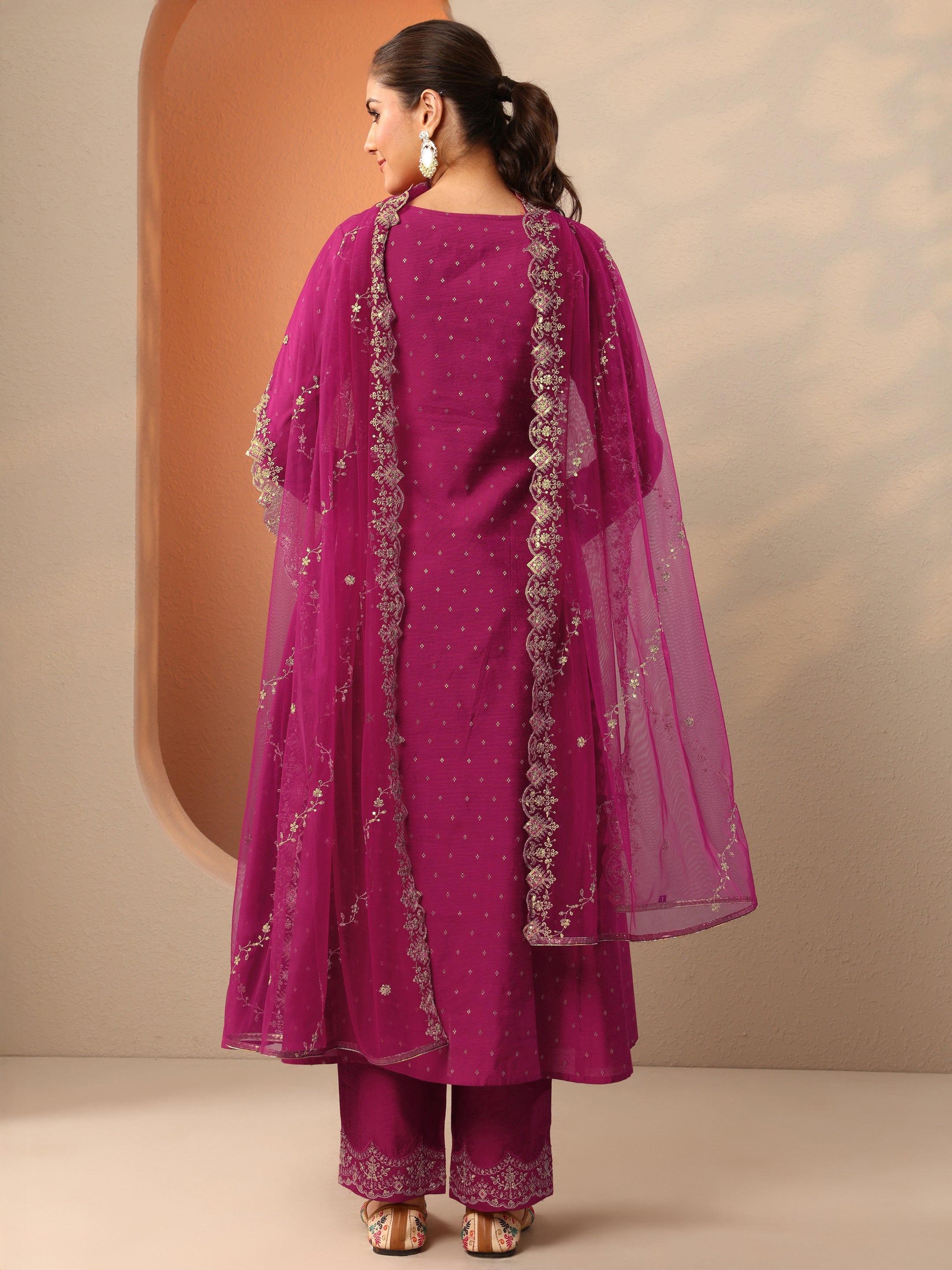 Magenta Embroidered Silk Blend Anarkali Suit Set With Dupatta