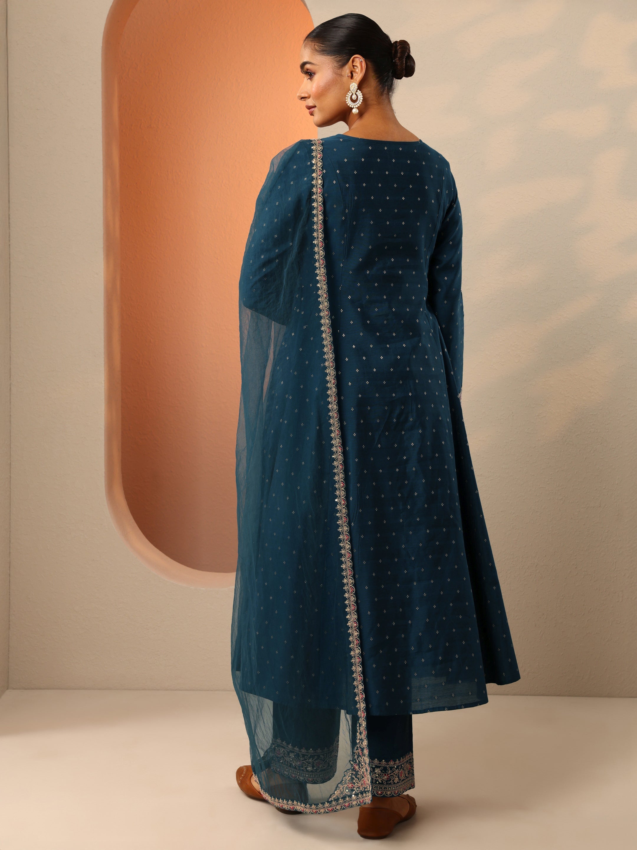 Navy Blue Embroidered Silk Blend Anarkali Suit Set With Dupatta
