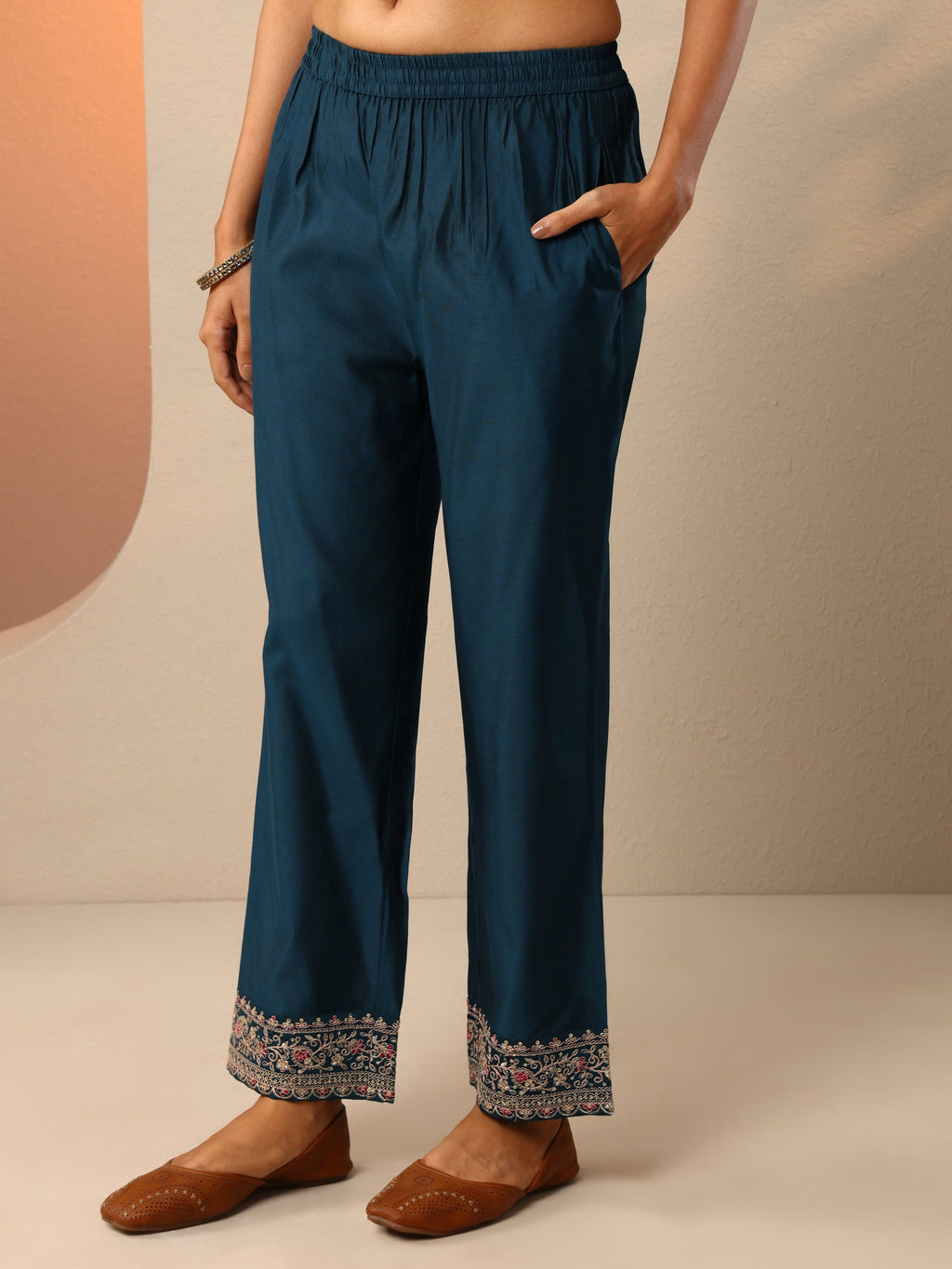 Navy Blue Embroidered Silk Blend Anarkali Suit Set With Dupatta