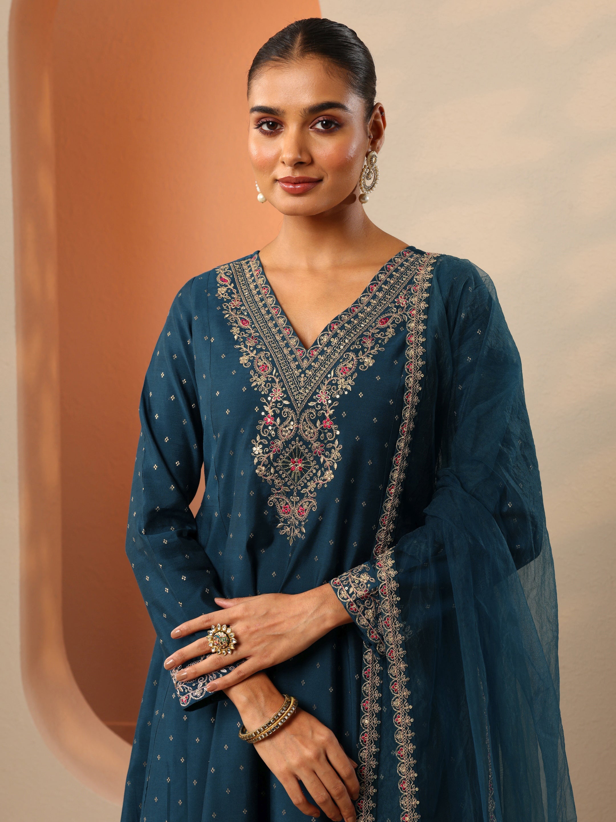 Navy Blue Embroidered Silk Blend Anarkali Suit Set With Dupatta