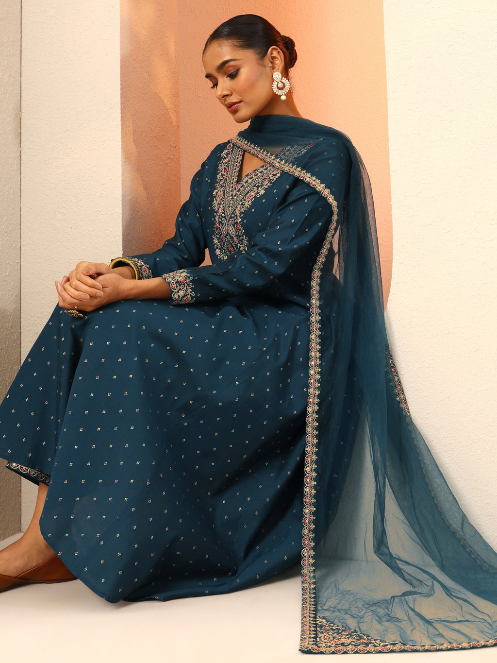 Navy Blue Embroidered Silk Blend Anarkali Suit Set With Dupatta