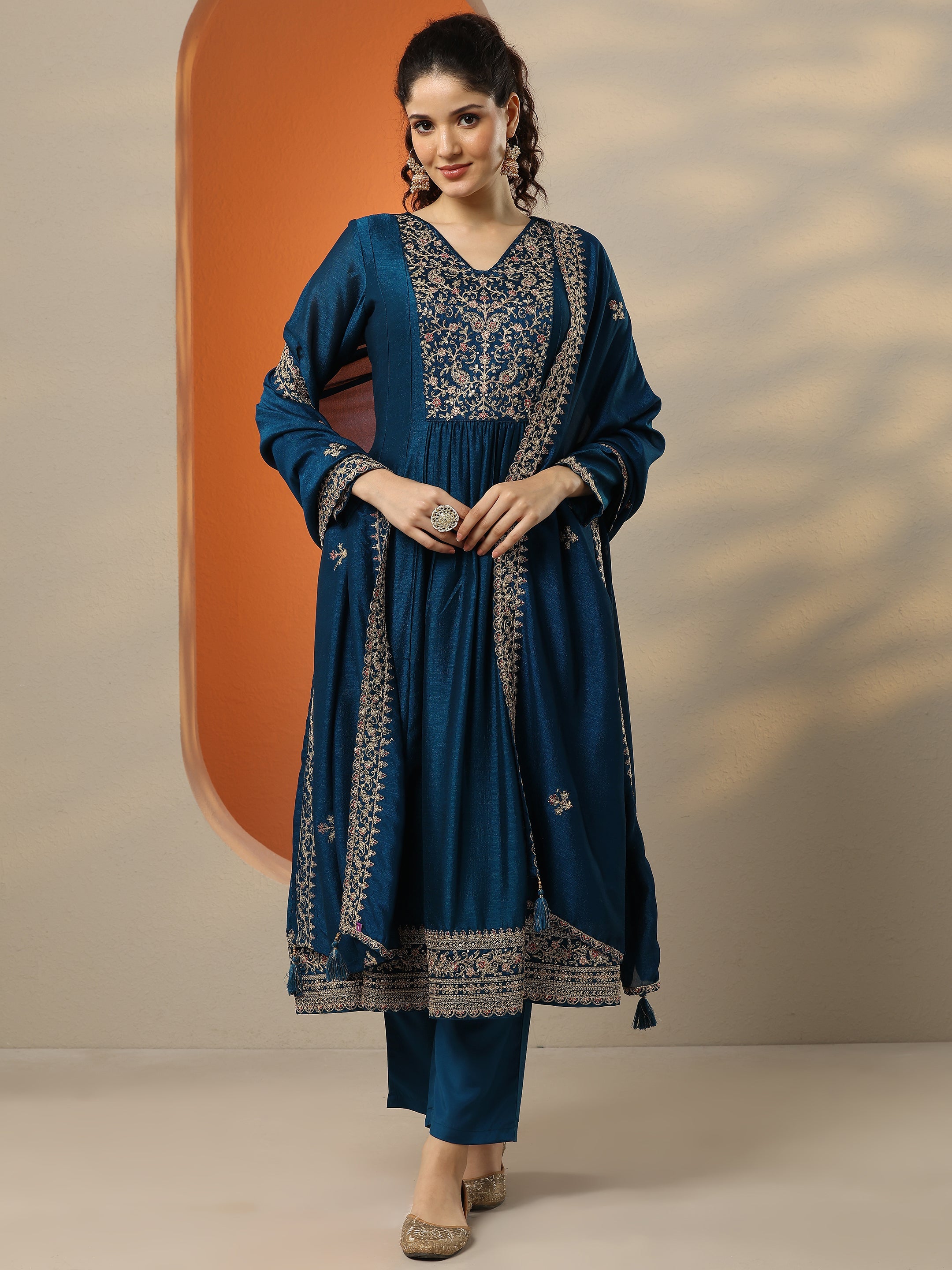 Navy Blue Embroidered Silk Blend  A-Line Suit Set With Dupatta
