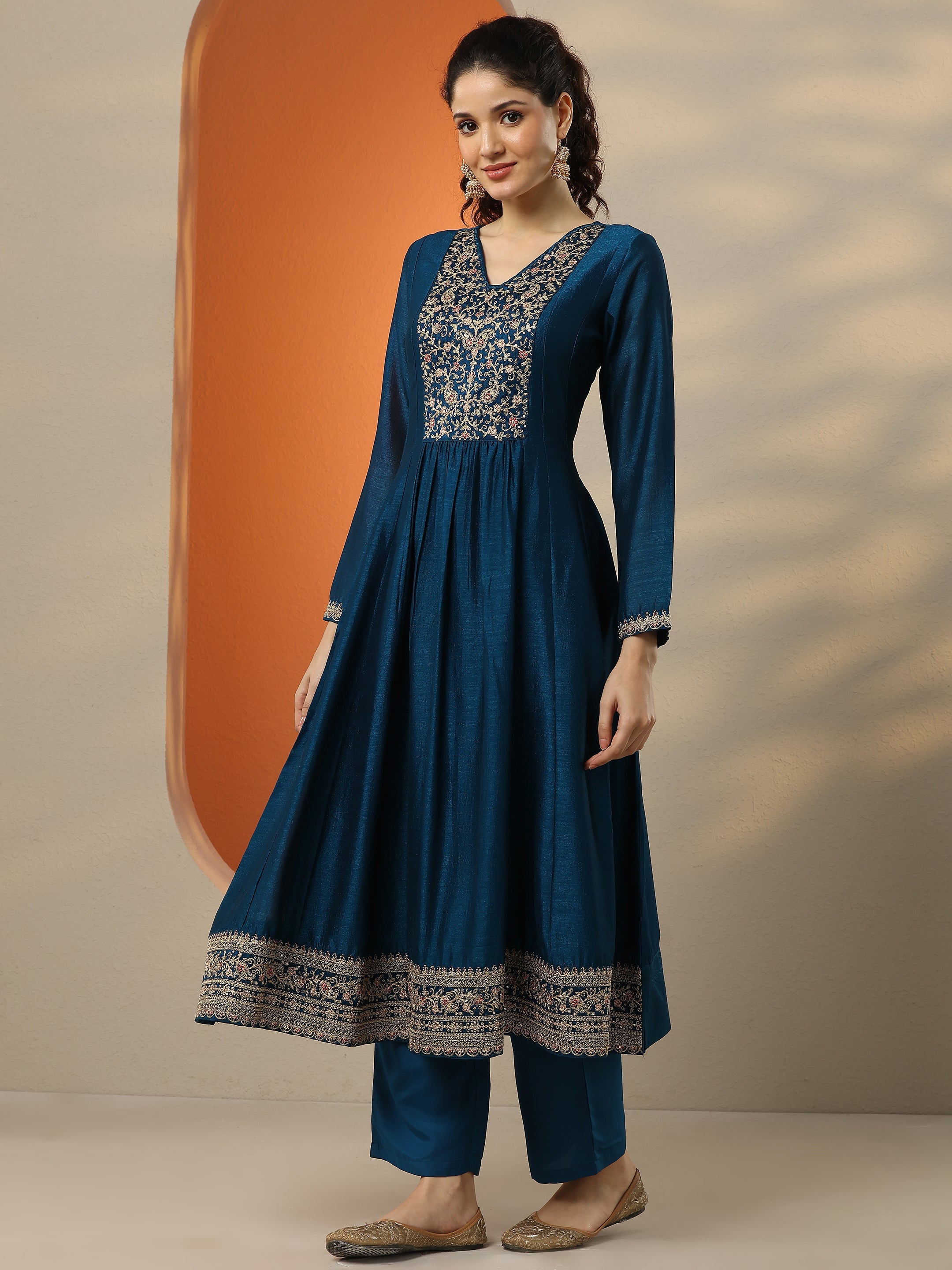 Navy Blue Embroidered Silk Blend  A-Line Suit Set With Dupatta