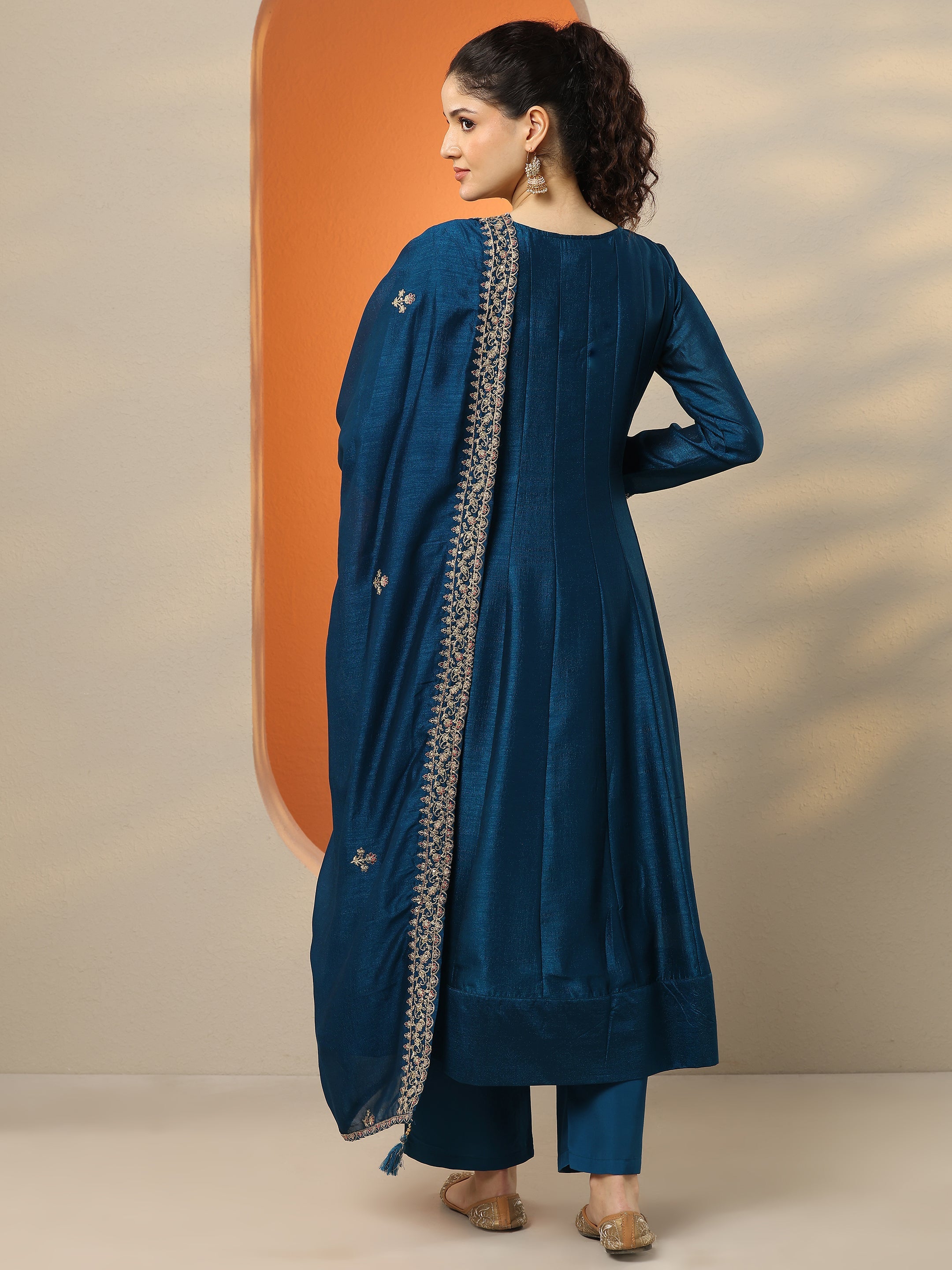 Navy Blue Embroidered Silk Blend  A-Line Suit Set With Dupatta