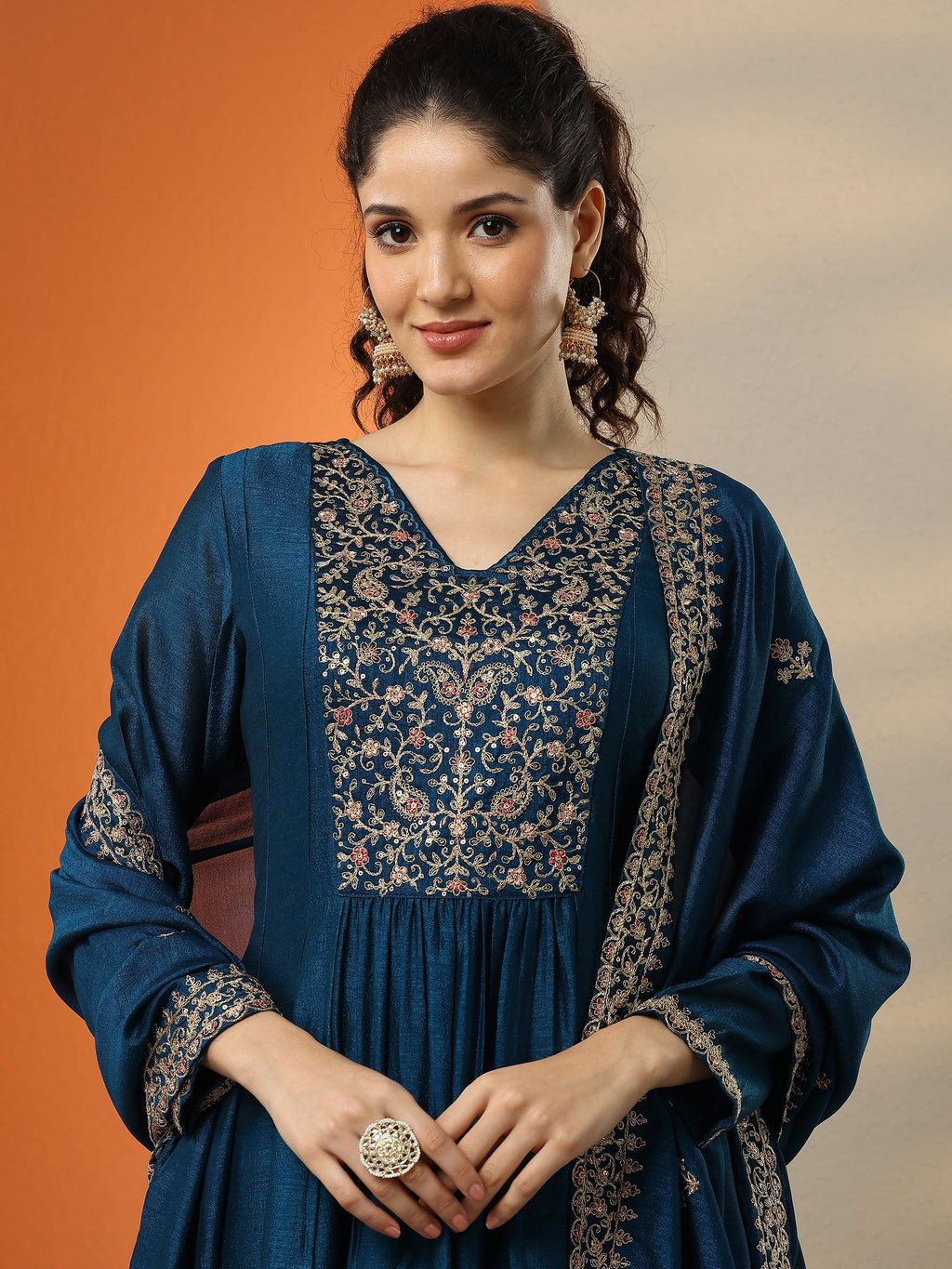 Navy Blue Embroidered Silk Blend  A-Line Suit Set With Dupatta