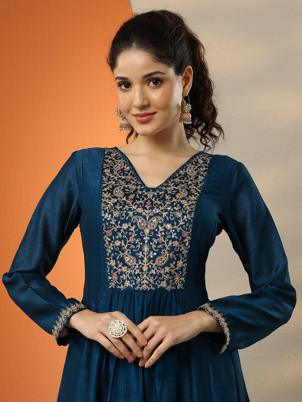 Navy Blue Embroidered Silk Blend  A-Line Suit Set With Dupatta