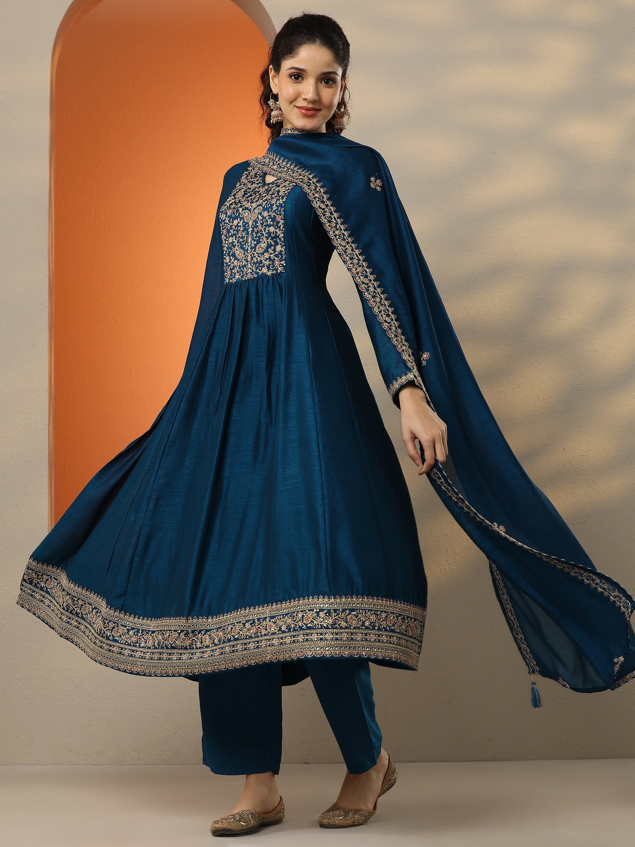 Navy Blue Embroidered Silk Blend  A-Line Suit Set With Dupatta