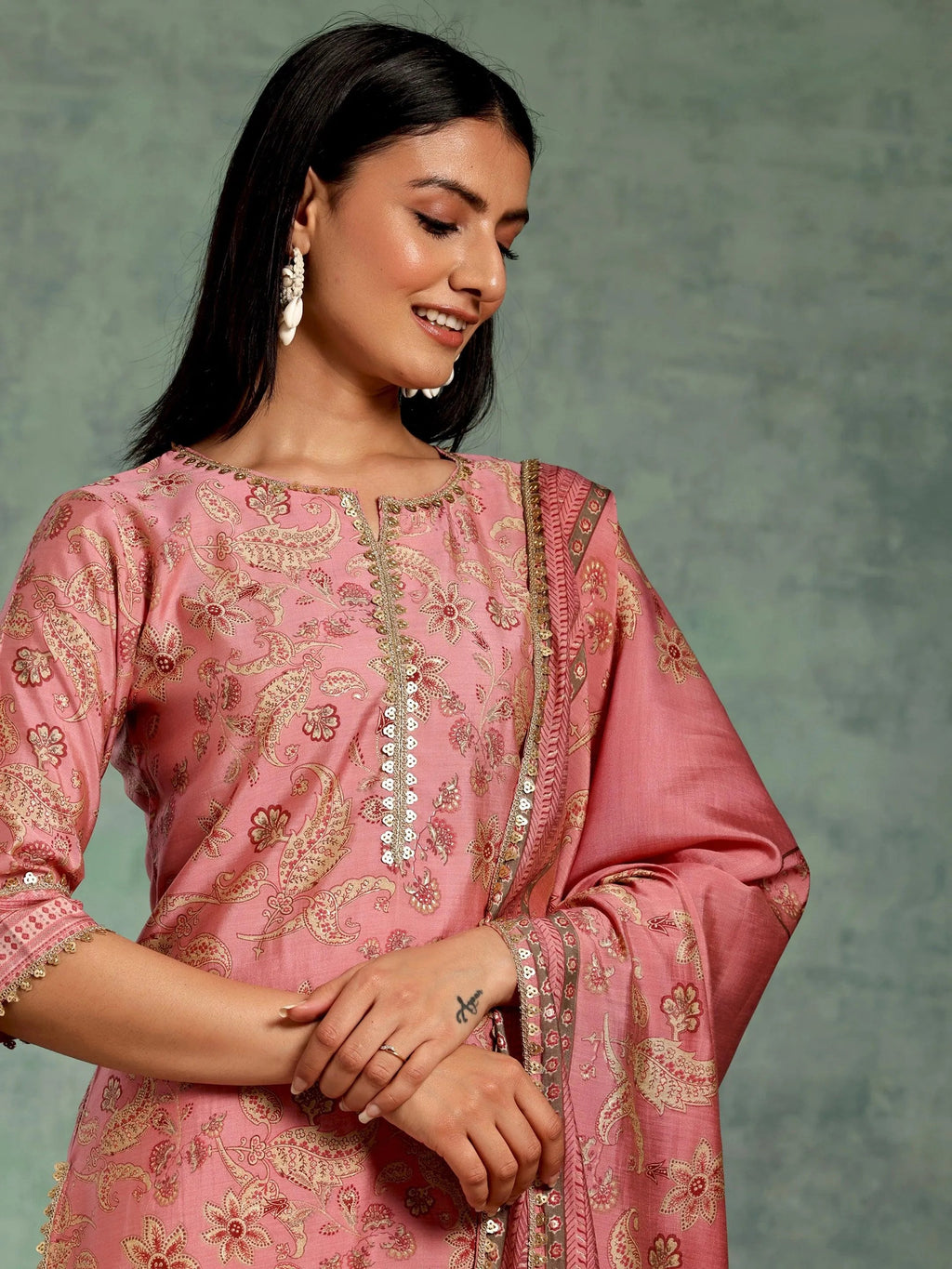 Pink Printed Silk Blend Straight Suit With Dupatta