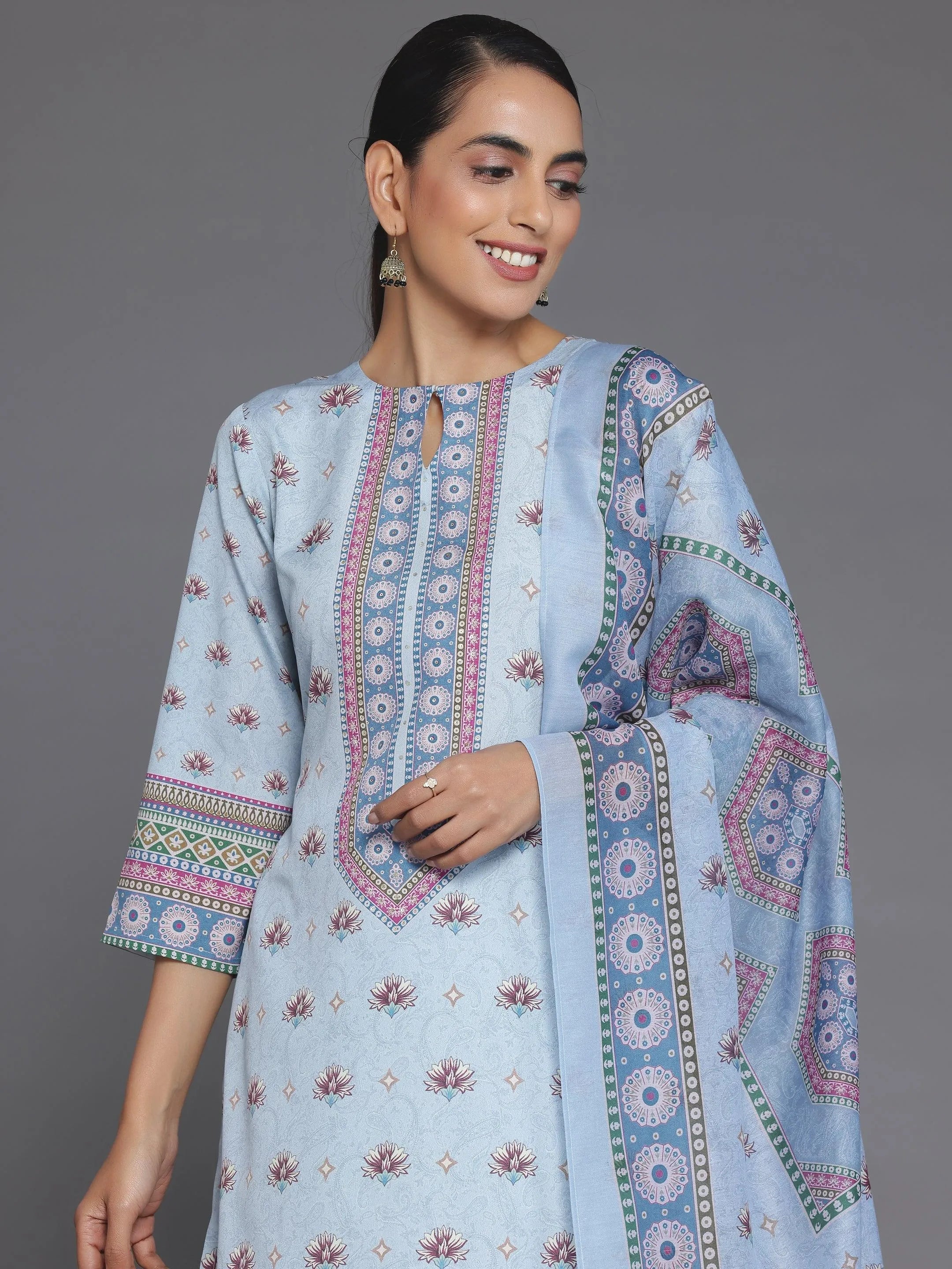 Blue Printed Poly Crepe Straight Suit With Dupatta