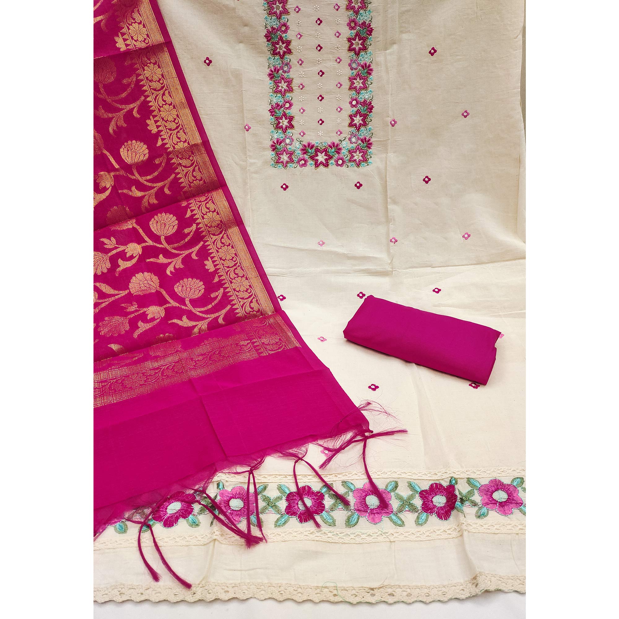 Floral Sequins Embroidered Cream & Pink Pure Cotton Dress Material With Delicate Handwork