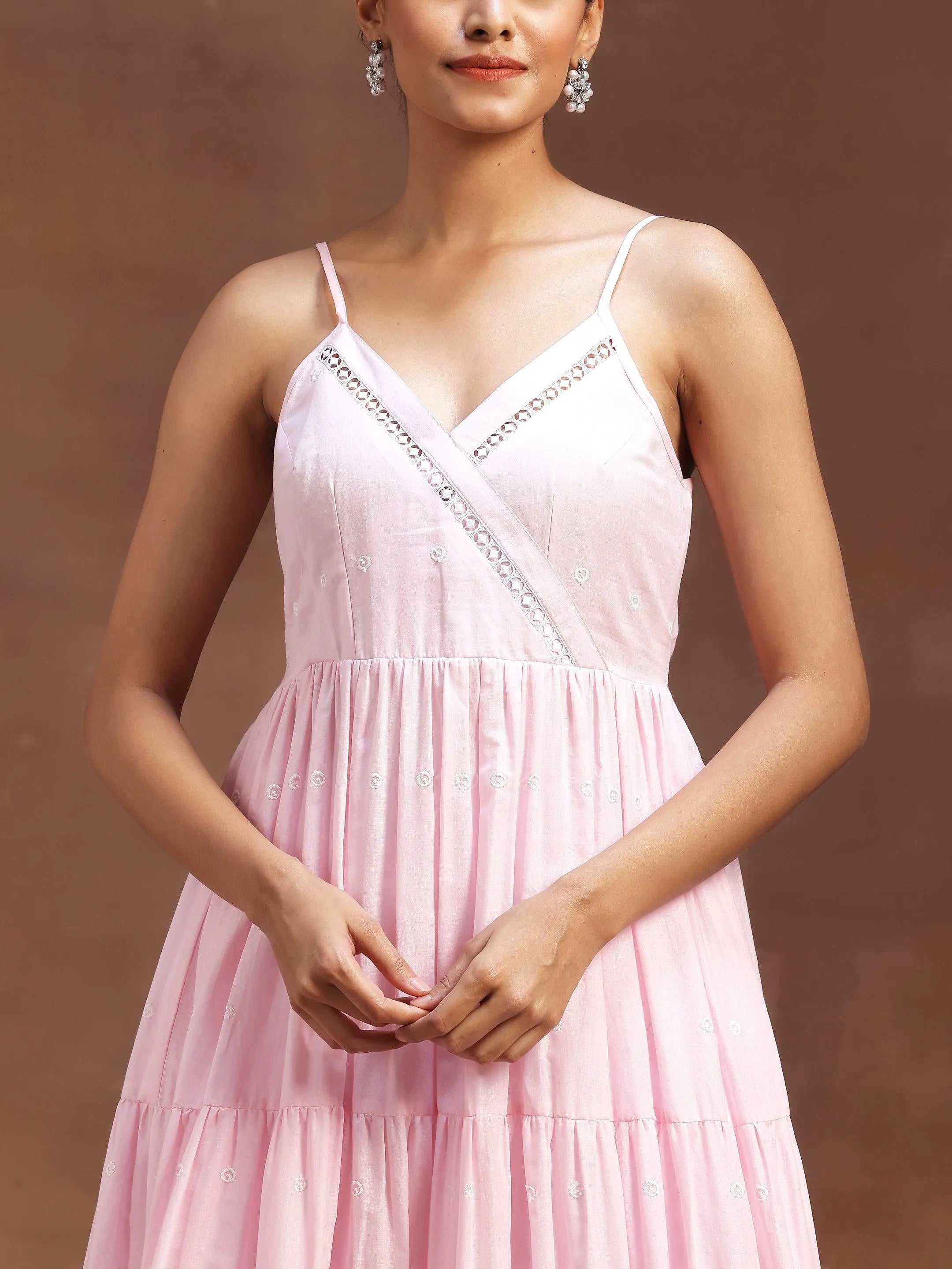 Pink Self Design Cotton Anarkali Kurta With Trousers