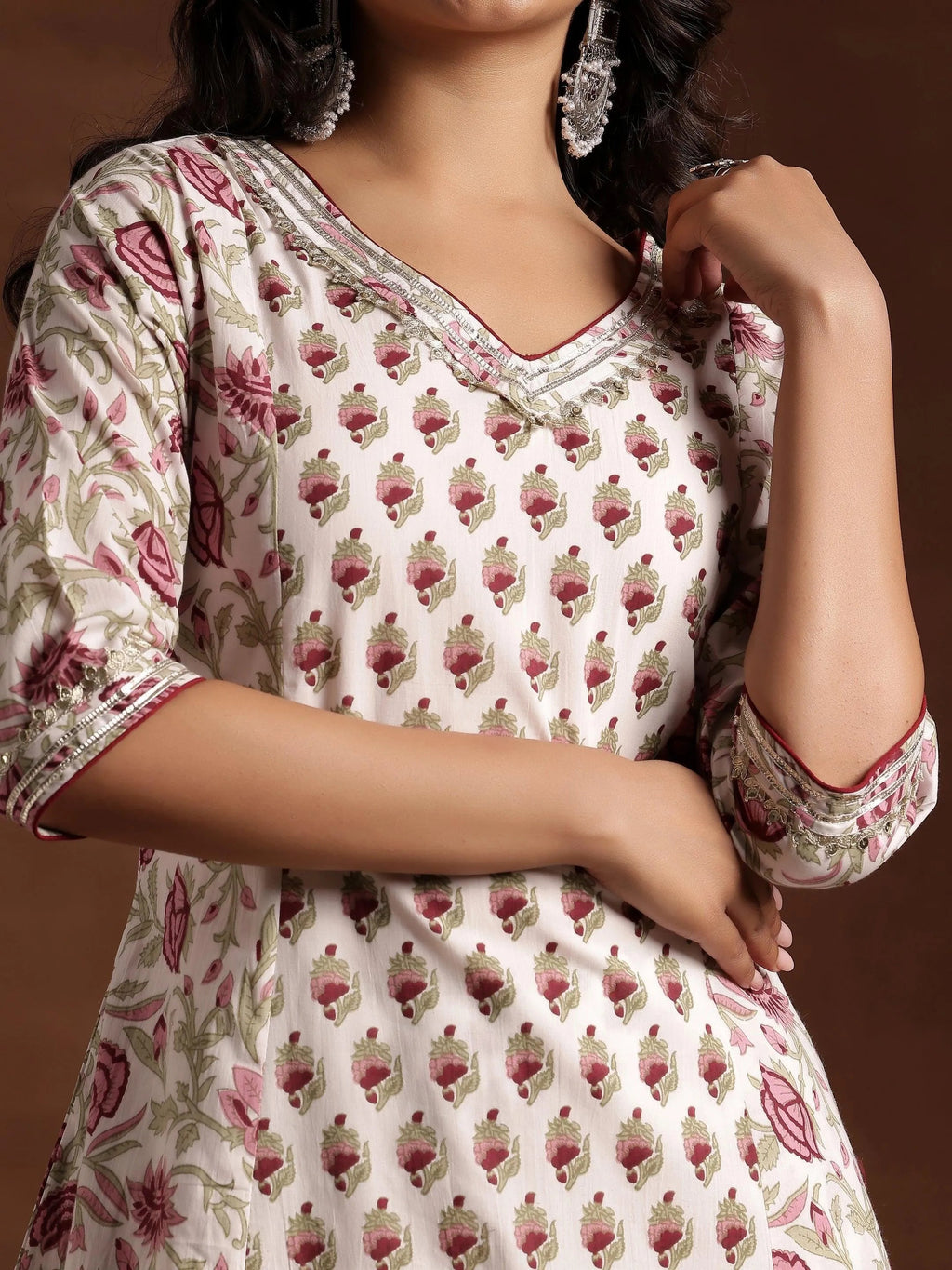 Off white Printed Cotton A-Line Kurta With Palazzos