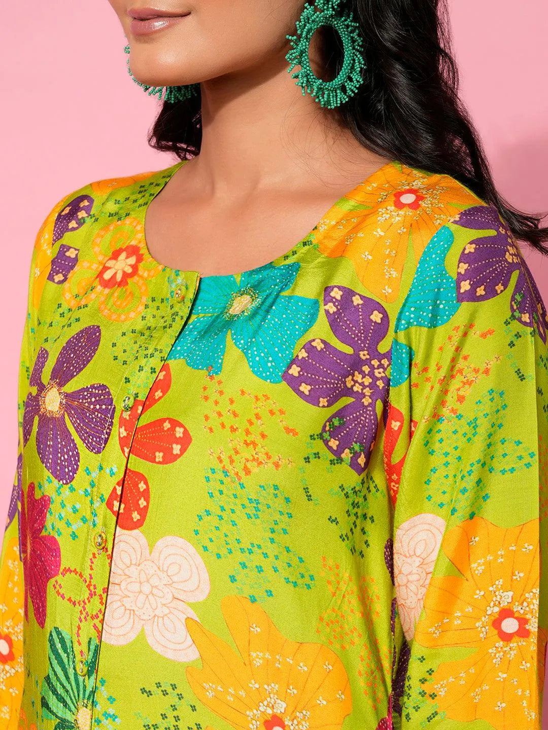 Green Printed Silk Blend Co-Ords