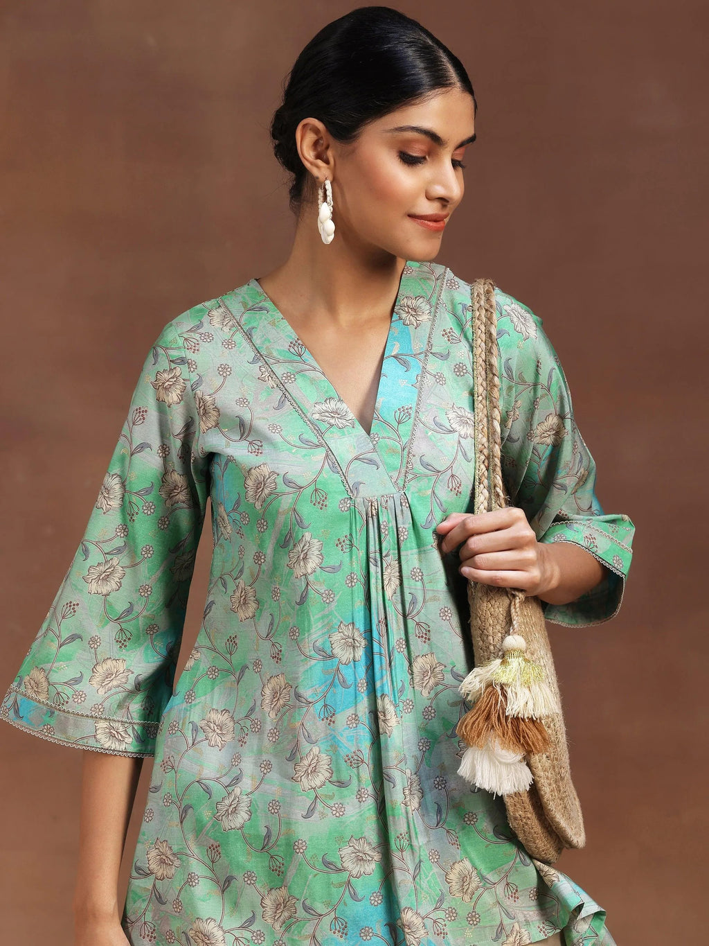 Green Printed Silk Blend A-Line Kurti