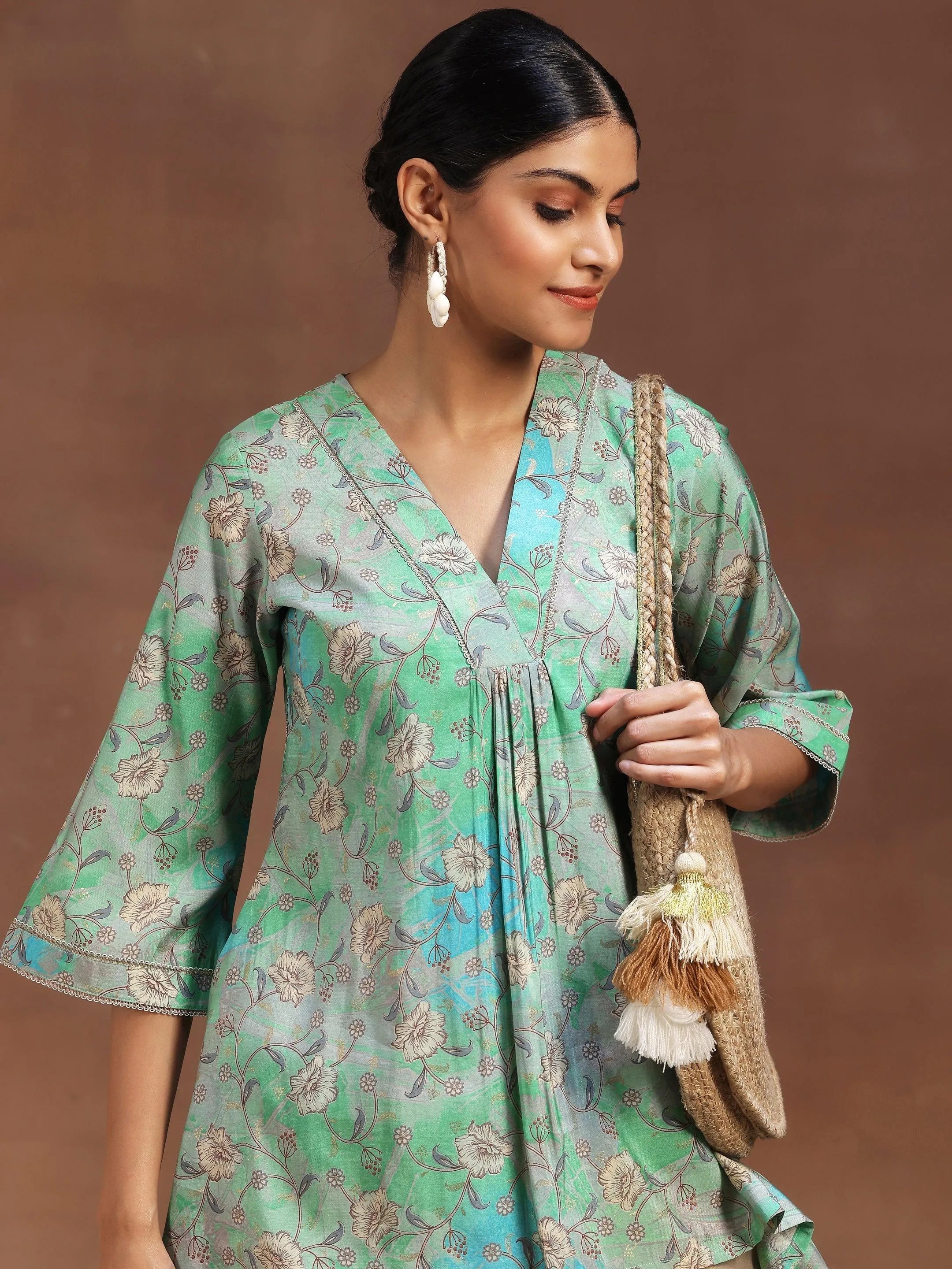 Green Printed Silk Blend A-Line Kurti