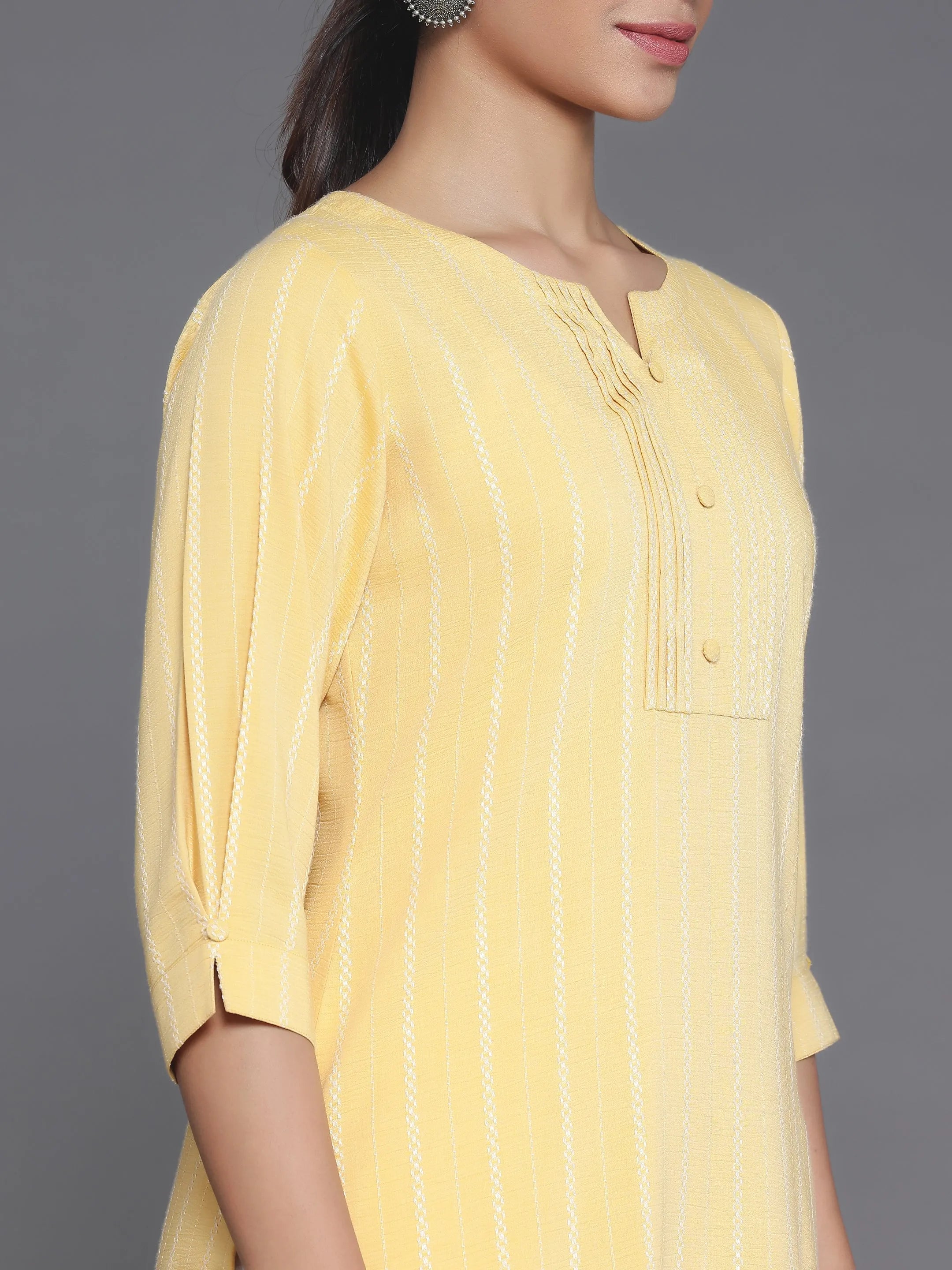 Mustard Woven Design Cotton Blend Straight Kurti