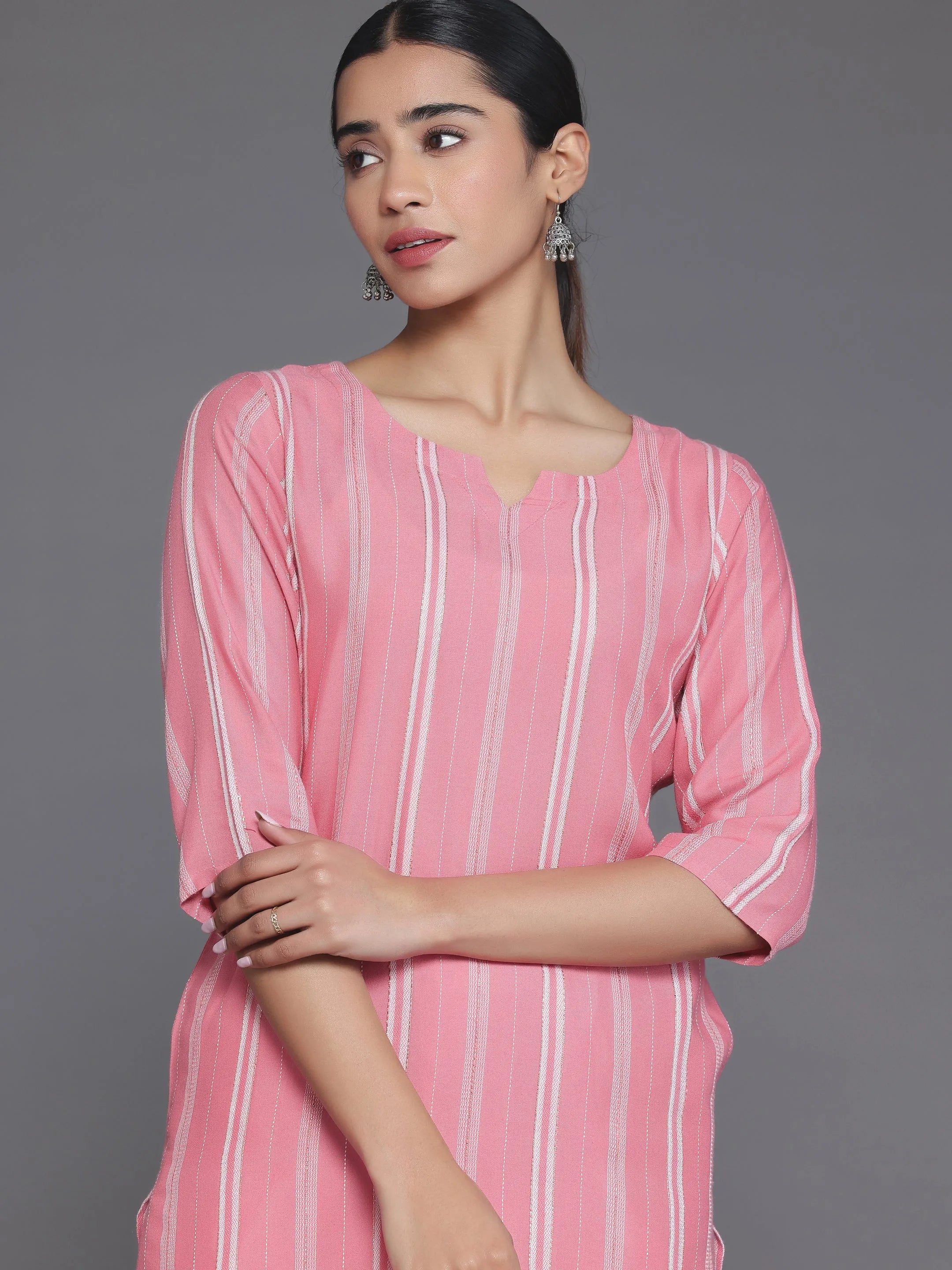 Pink Woven Design Rayon Straight Kurta