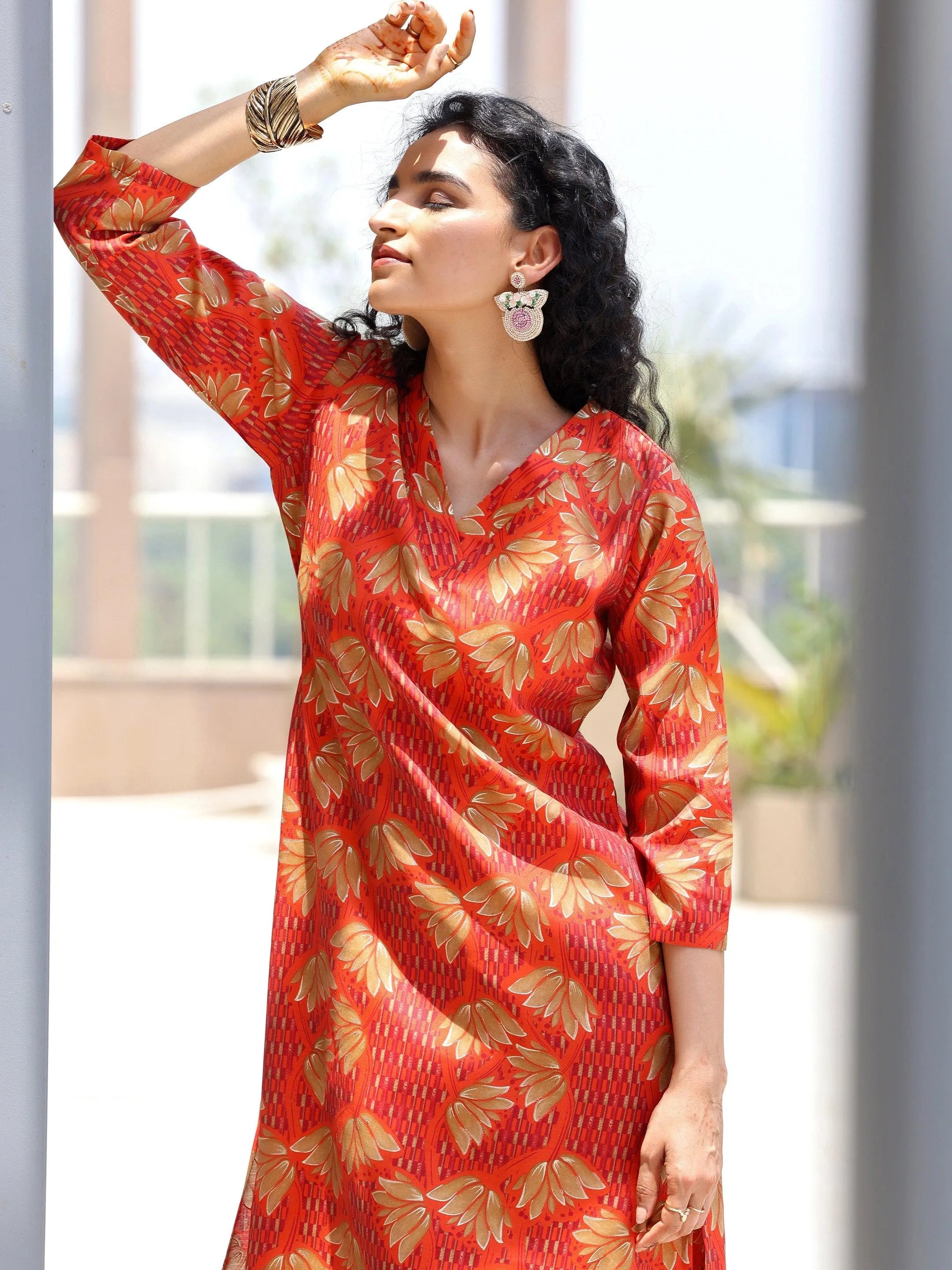 Orange Printed Silk Blend Co-Ords