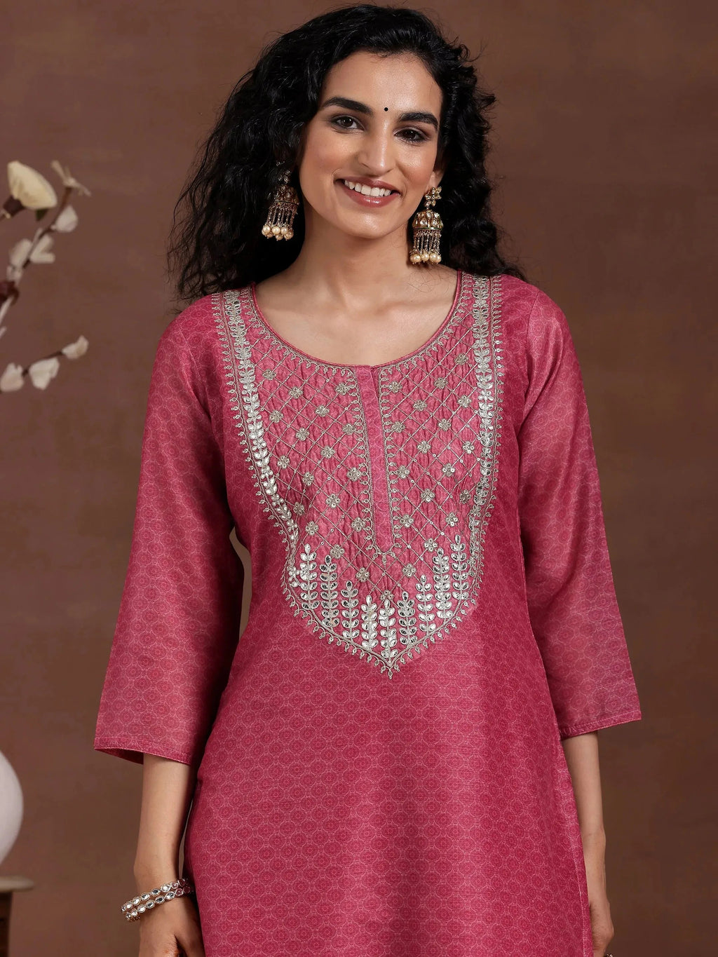 Pink Printed Silk Blend Straight Suit With Dupatta