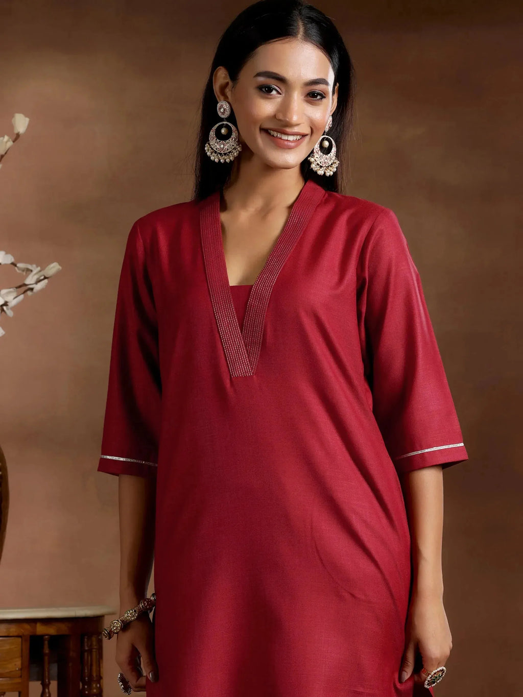 Maroon Solid Cotton Blend Straight Suit With Dupatta
